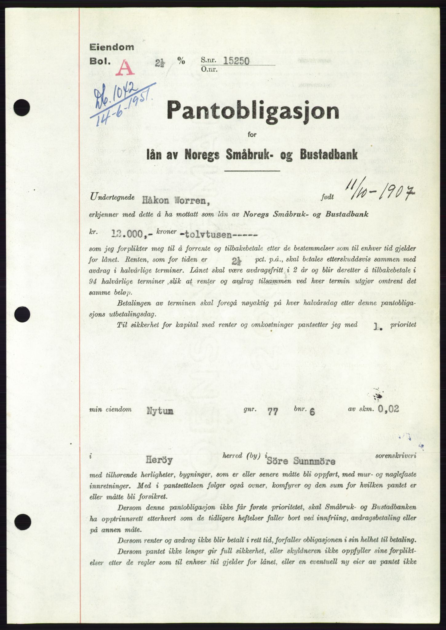 Søre Sunnmøre sorenskriveri, AV/SAT-A-4122/1/2/2C/L0120: Mortgage book no. 8B, 1951-1951, Diary no: : 1042/1951