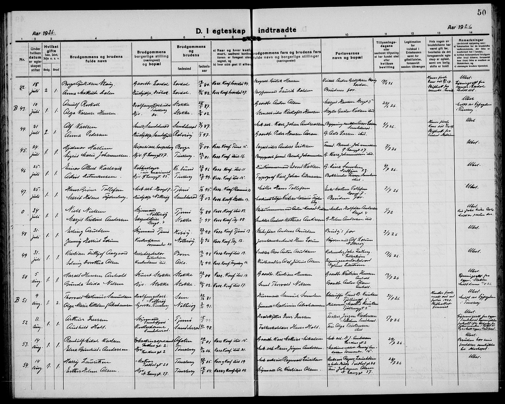 Tønsberg kirkebøker, AV/SAKO-A-330/G/Ga/L0016: Parish register (copy) no. 16, 1920-1933, p. 50