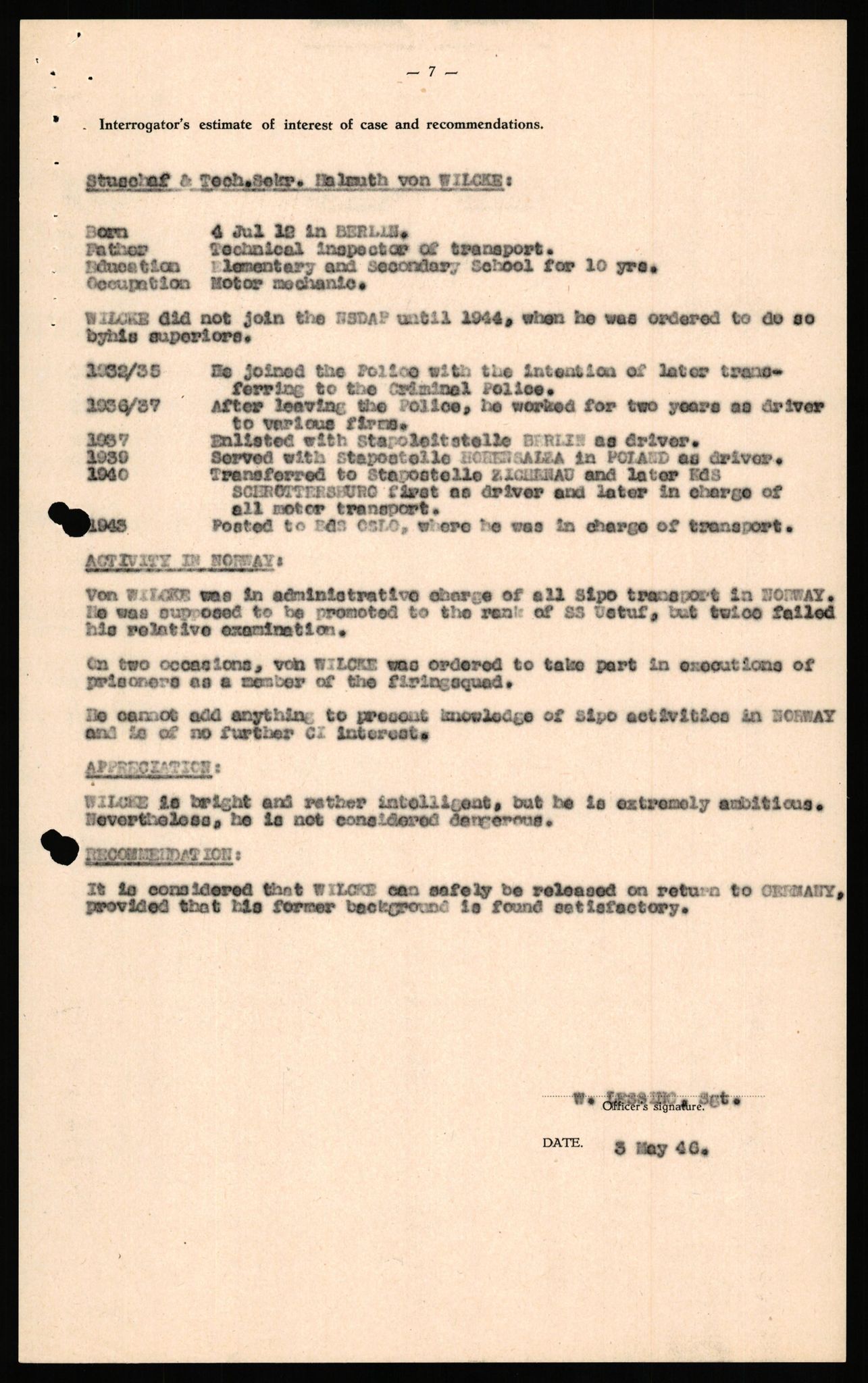 Forsvaret, Forsvarets overkommando II, AV/RA-RAFA-3915/D/Db/L0036: CI Questionaires. Tyske okkupasjonsstyrker i Norge. Tyskere., 1945-1946, p. 19