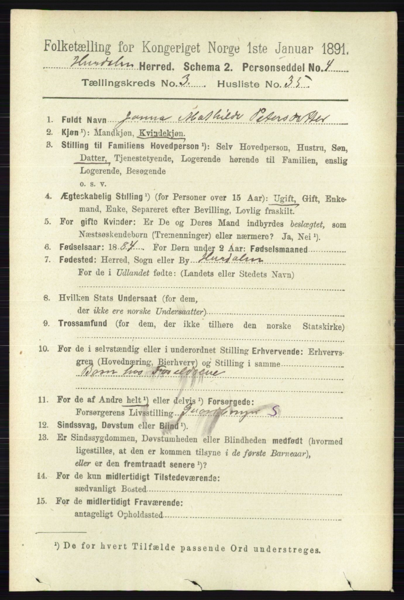 RA, 1891 census for 0239 Hurdal, 1891, p. 1308