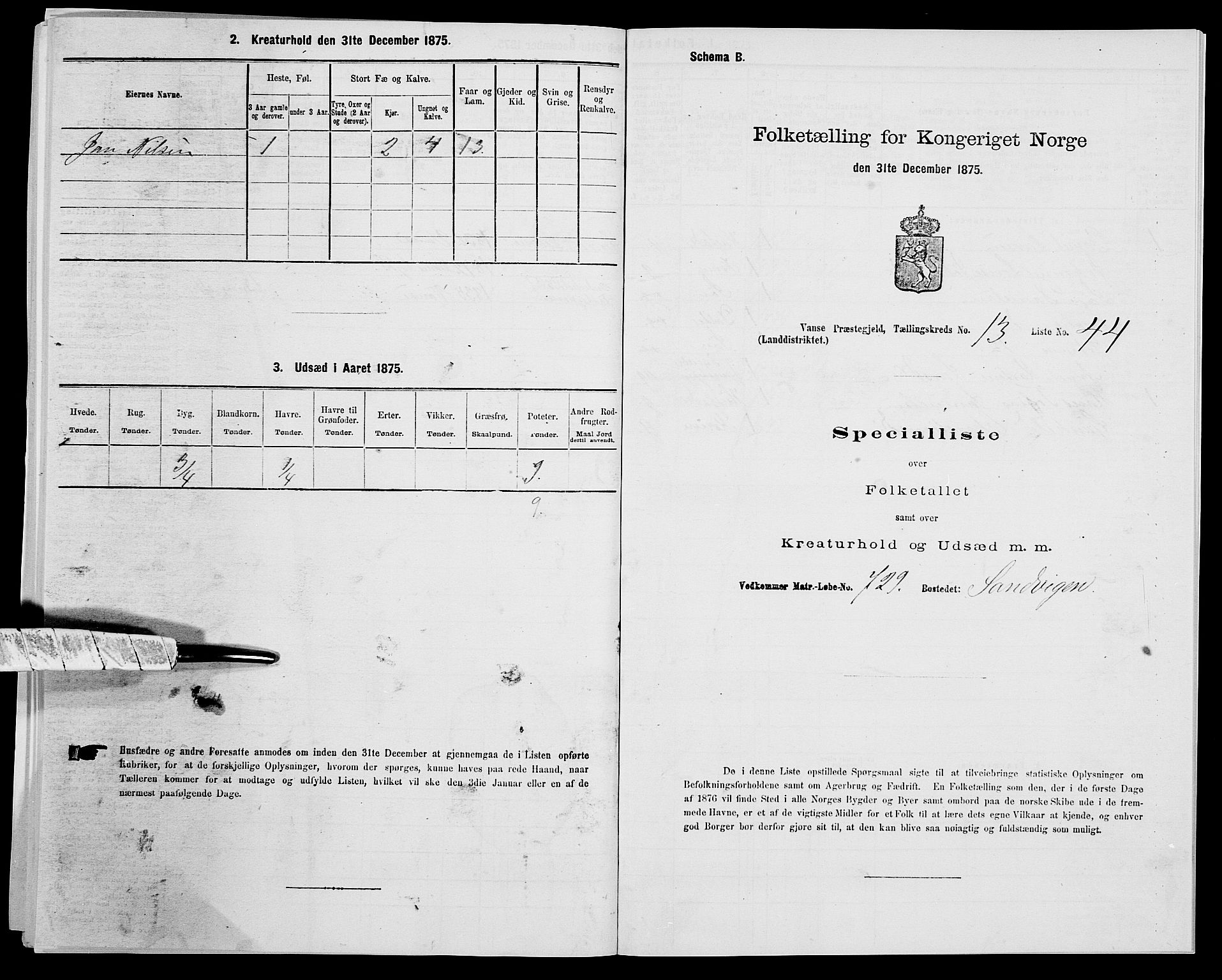 SAK, 1875 census for 1041L Vanse/Vanse og Farsund, 1875, p. 2466