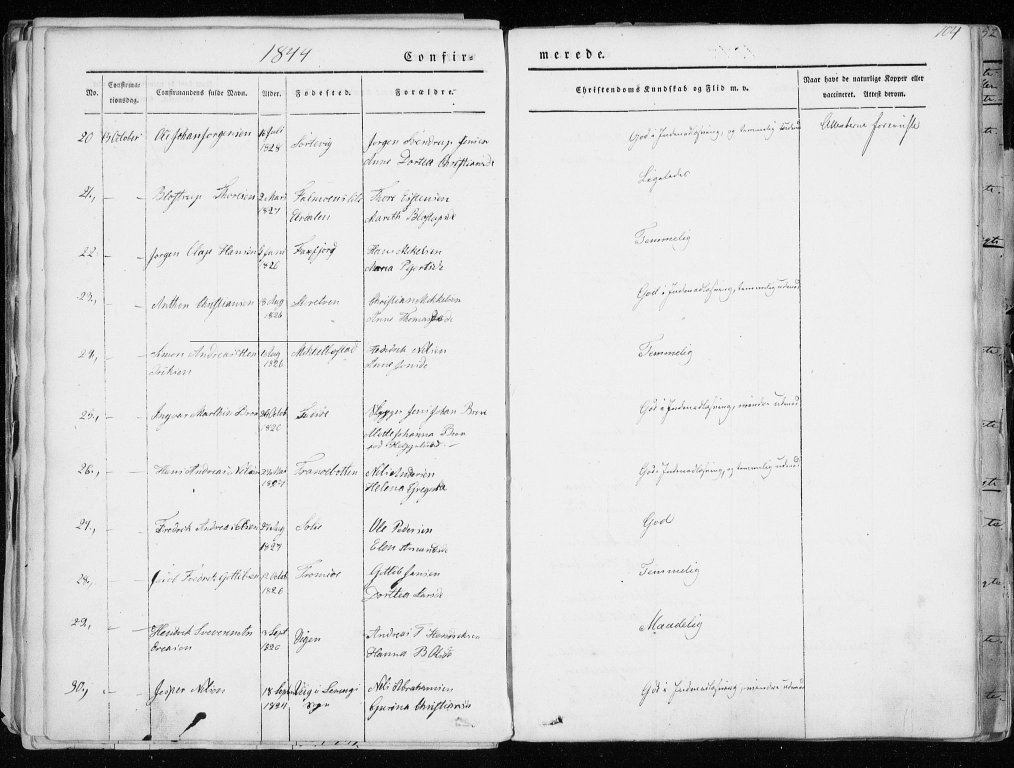 Tranøy sokneprestkontor, SATØ/S-1313/I/Ia/Iaa/L0006kirke: Parish register (official) no. 6, 1844-1855, p. 104