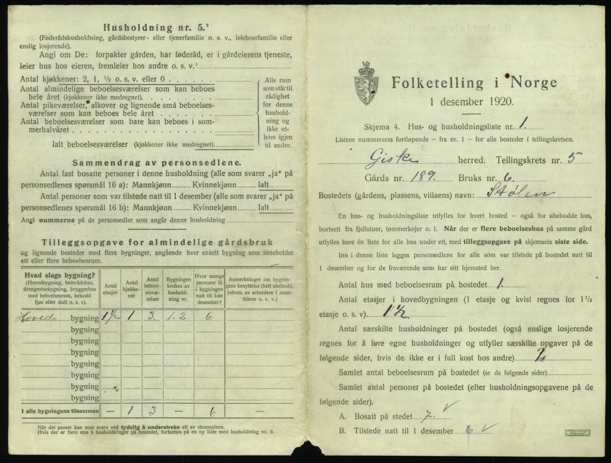 SAT, 1920 census for Giske, 1920, p. 418