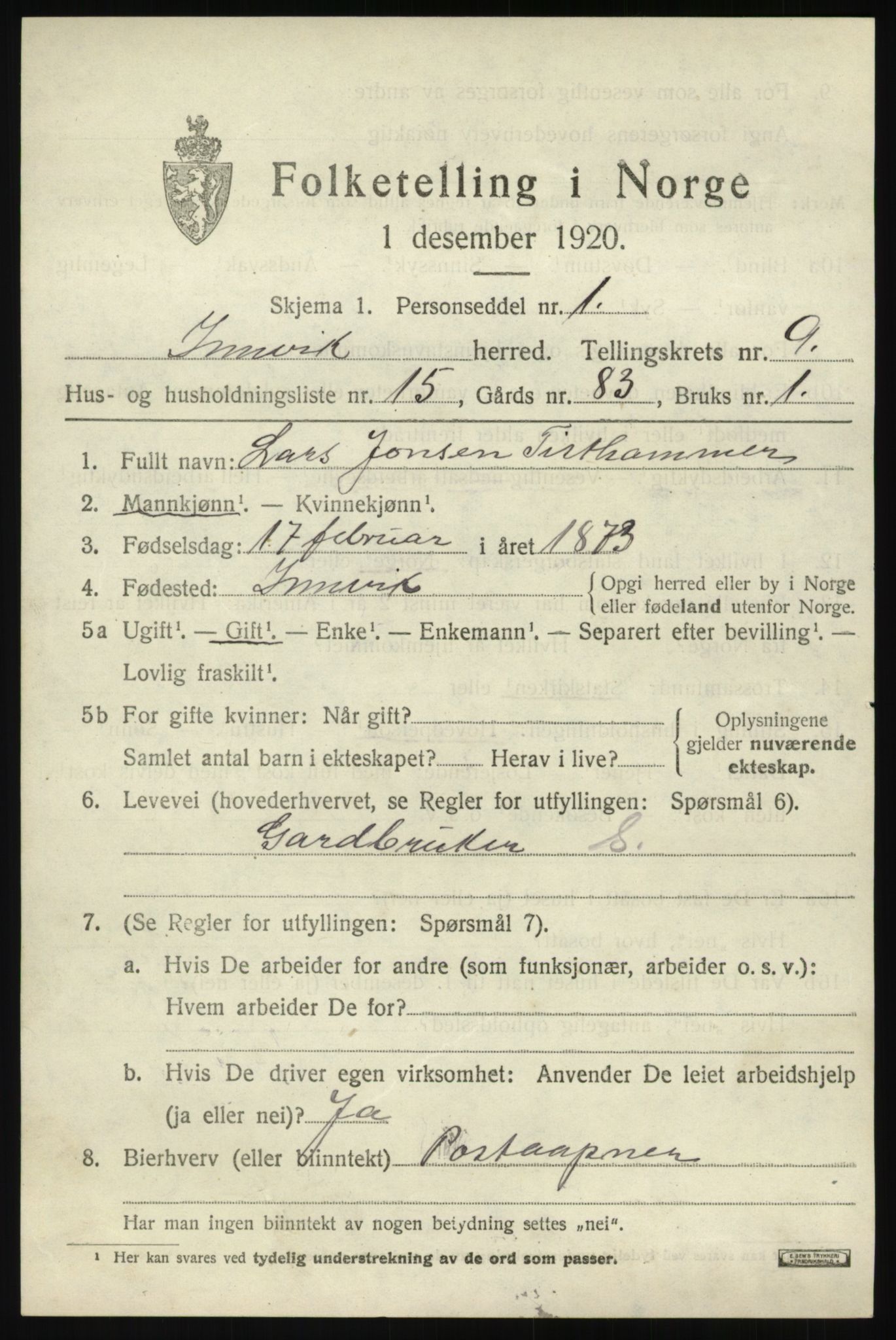 SAB, 1920 census for Innvik, 1920, p. 4087