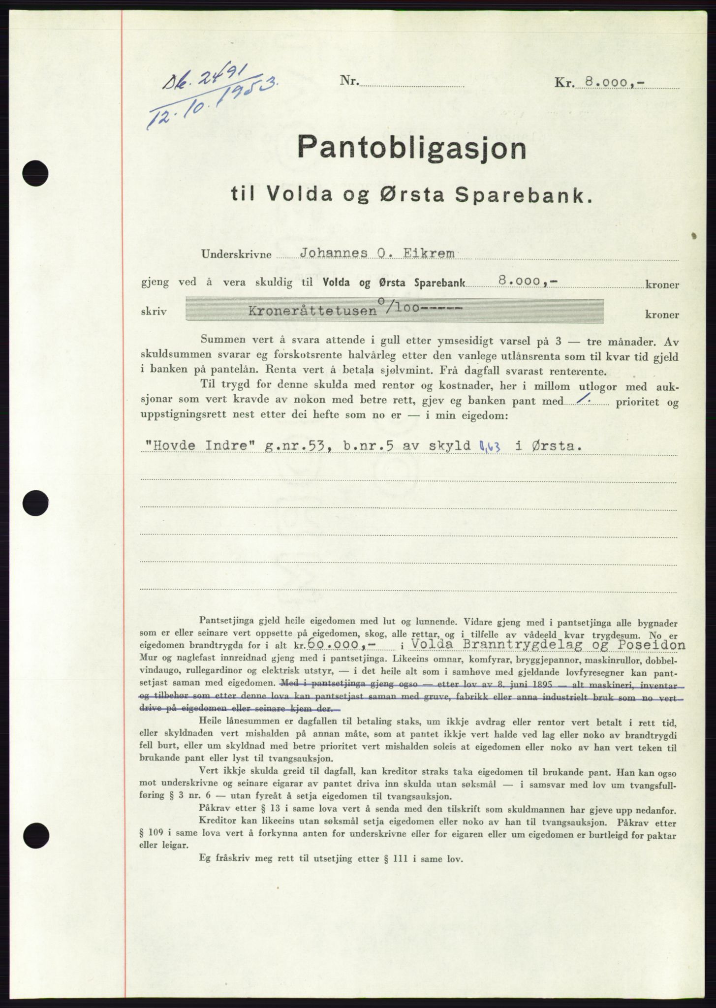 Søre Sunnmøre sorenskriveri, AV/SAT-A-4122/1/2/2C/L0124: Mortgage book no. 12B, 1953-1954, Diary no: : 2491/1953