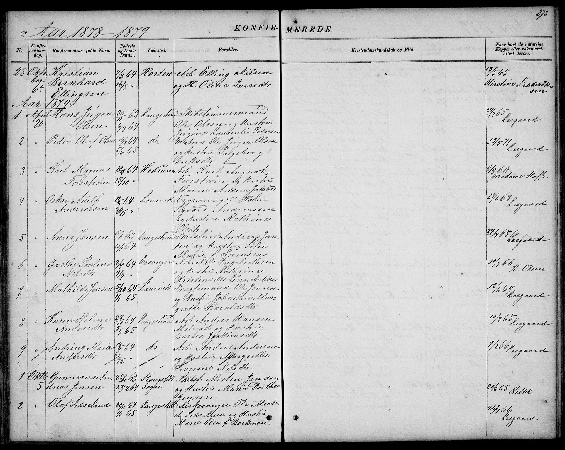 Larvik kirkebøker, SAKO/A-352/G/Gb/L0003: Parish register (copy) no. II 3, 1867-1899, p. 273