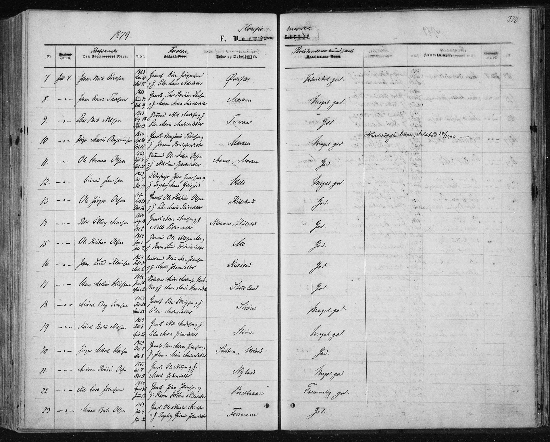 Ministerialprotokoller, klokkerbøker og fødselsregistre - Nordland, SAT/A-1459/820/L0294: Parish register (official) no. 820A15, 1866-1879, p. 378