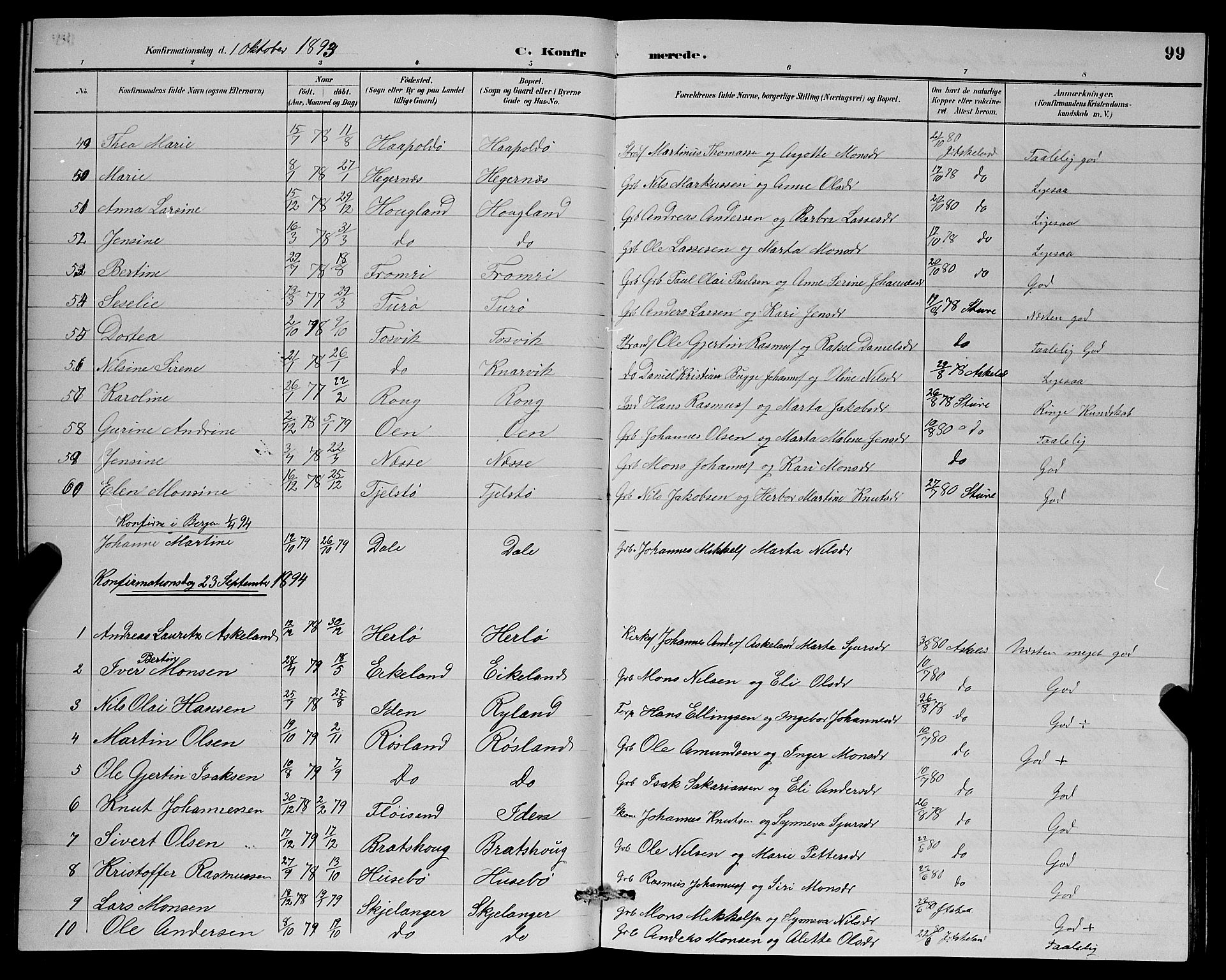 Herdla Sokneprestembete, SAB/A-75701/H/Hab: Parish register (copy) no. A 3, 1889-1899, p. 99