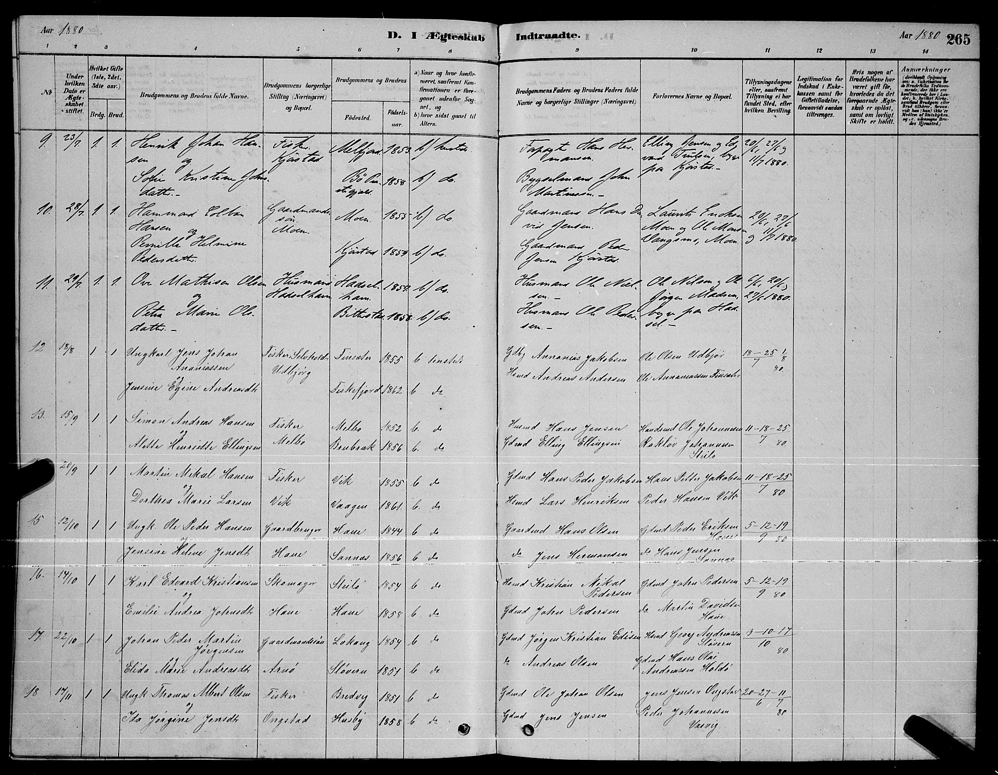 Ministerialprotokoller, klokkerbøker og fødselsregistre - Nordland, AV/SAT-A-1459/888/L1267: Parish register (copy) no. 888C05, 1878-1890, p. 265