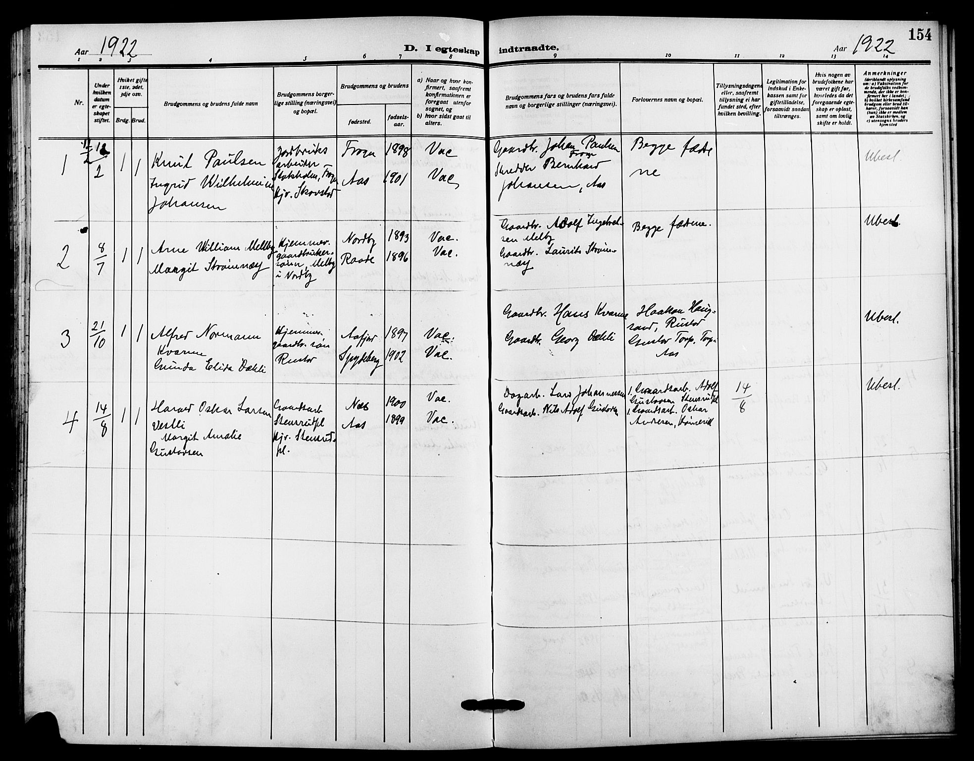 Ås prestekontor Kirkebøker, AV/SAO-A-10894/G/Ga/L0005: Parish register (copy) no. I 5, 1916-1924, p. 154
