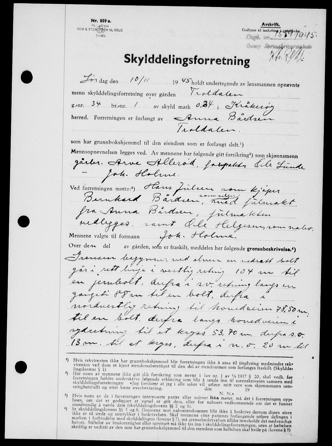 Onsøy sorenskriveri, SAO/A-10474/G/Ga/Gab/L0015: Mortgage book no. II A-15, 1945-1946, Diary no: : 1589/1945