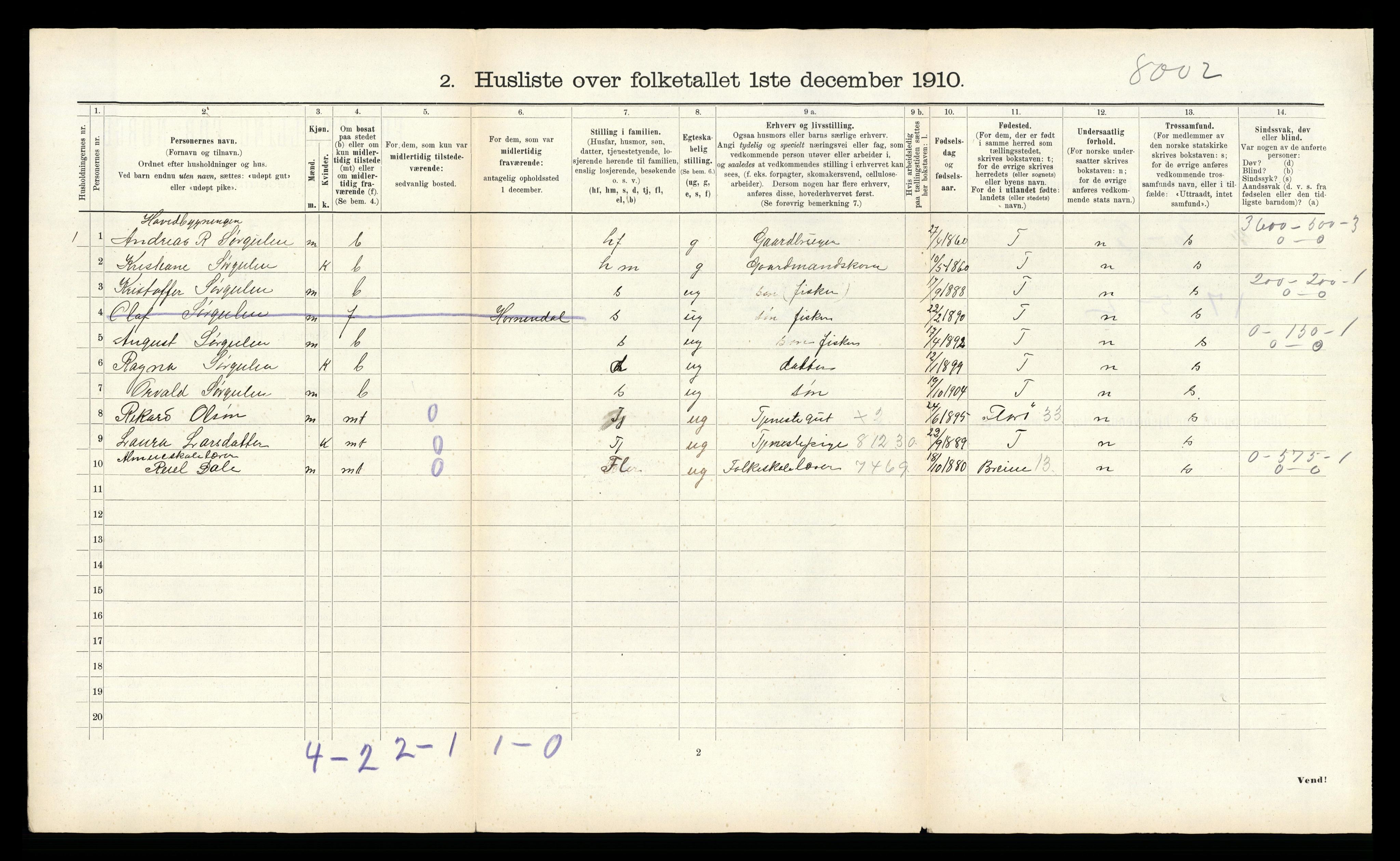 RA, 1910 census for Bremanger, 1910, p. 748