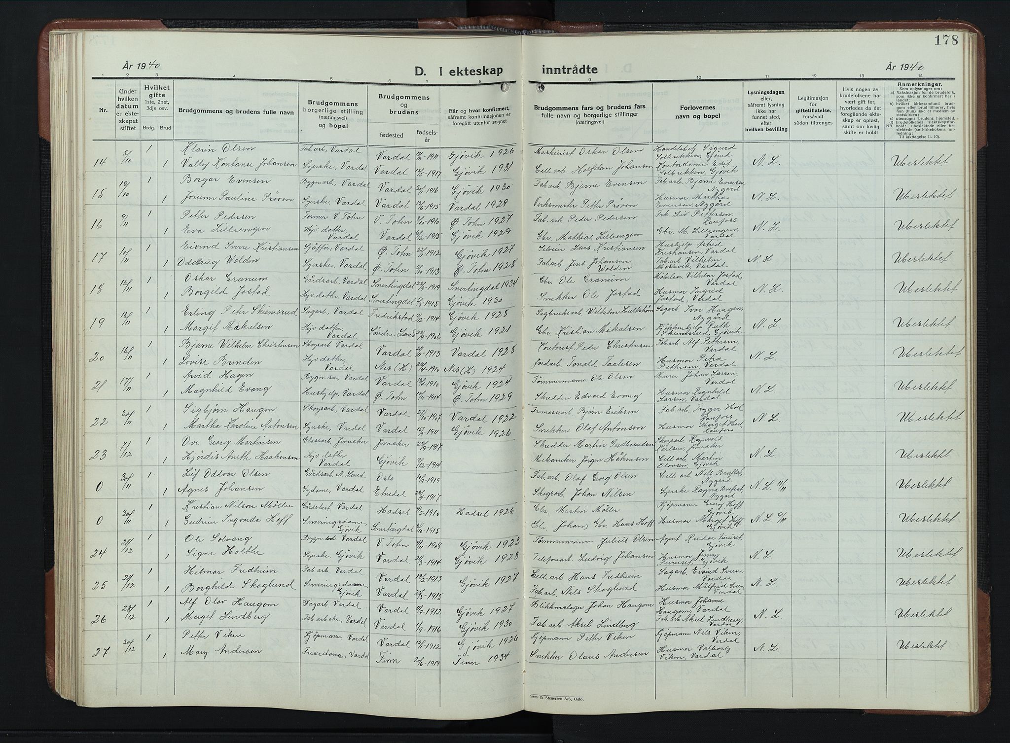 Vardal prestekontor, AV/SAH-PREST-100/H/Ha/Hab/L0023: Parish register (copy) no. 23, 1929-1941, p. 178