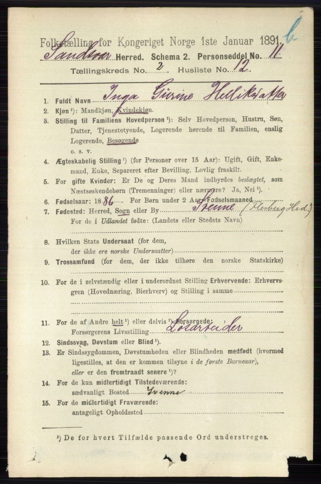 RA, 1891 census for 0629 Sandsvær, 1891, p. 5788