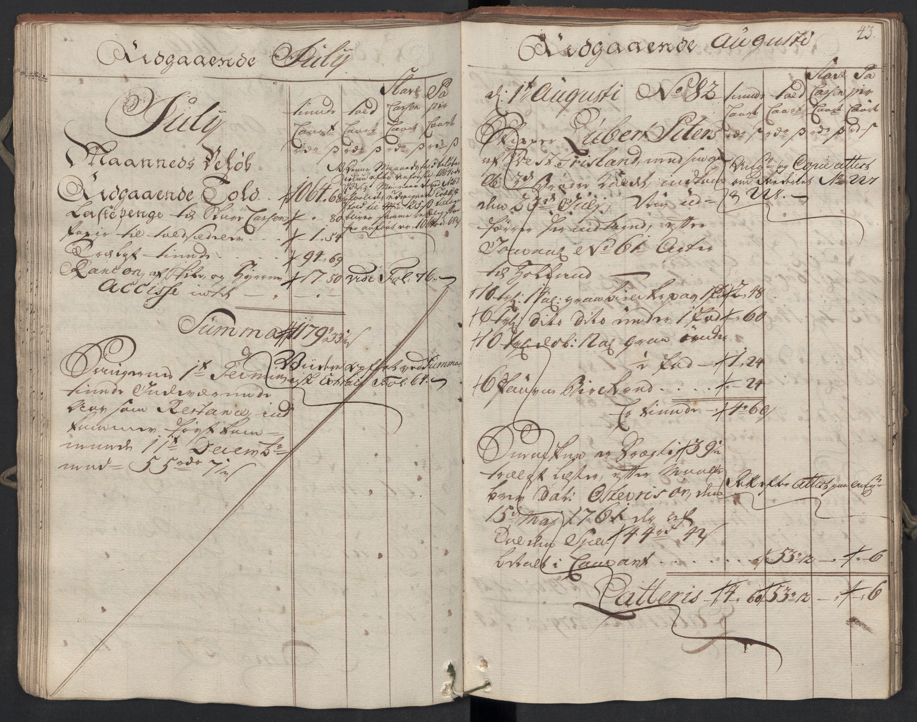 Generaltollkammeret, tollregnskaper, AV/RA-EA-5490/R09/L0038/0001: Tollregnskaper Holmestrand / Utgående hovedtollbok, 1764, p. 42b-43a