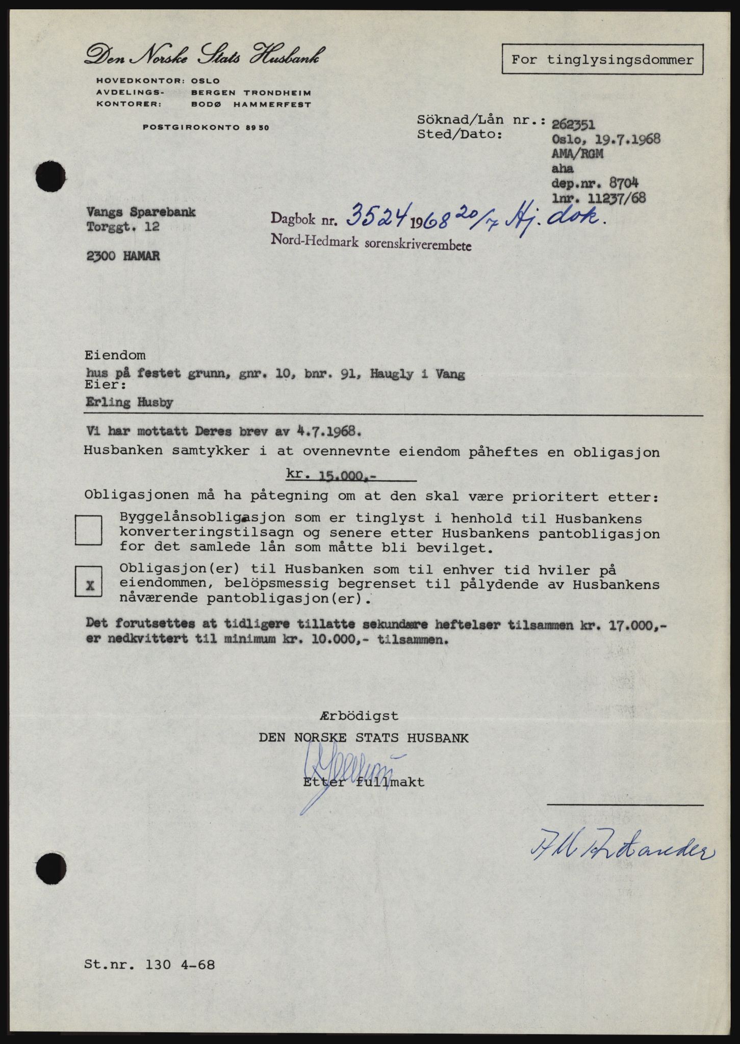 Nord-Hedmark sorenskriveri, SAH/TING-012/H/Hc/L0028: Mortgage book no. 28, 1968-1968, Diary no: : 3524/1968