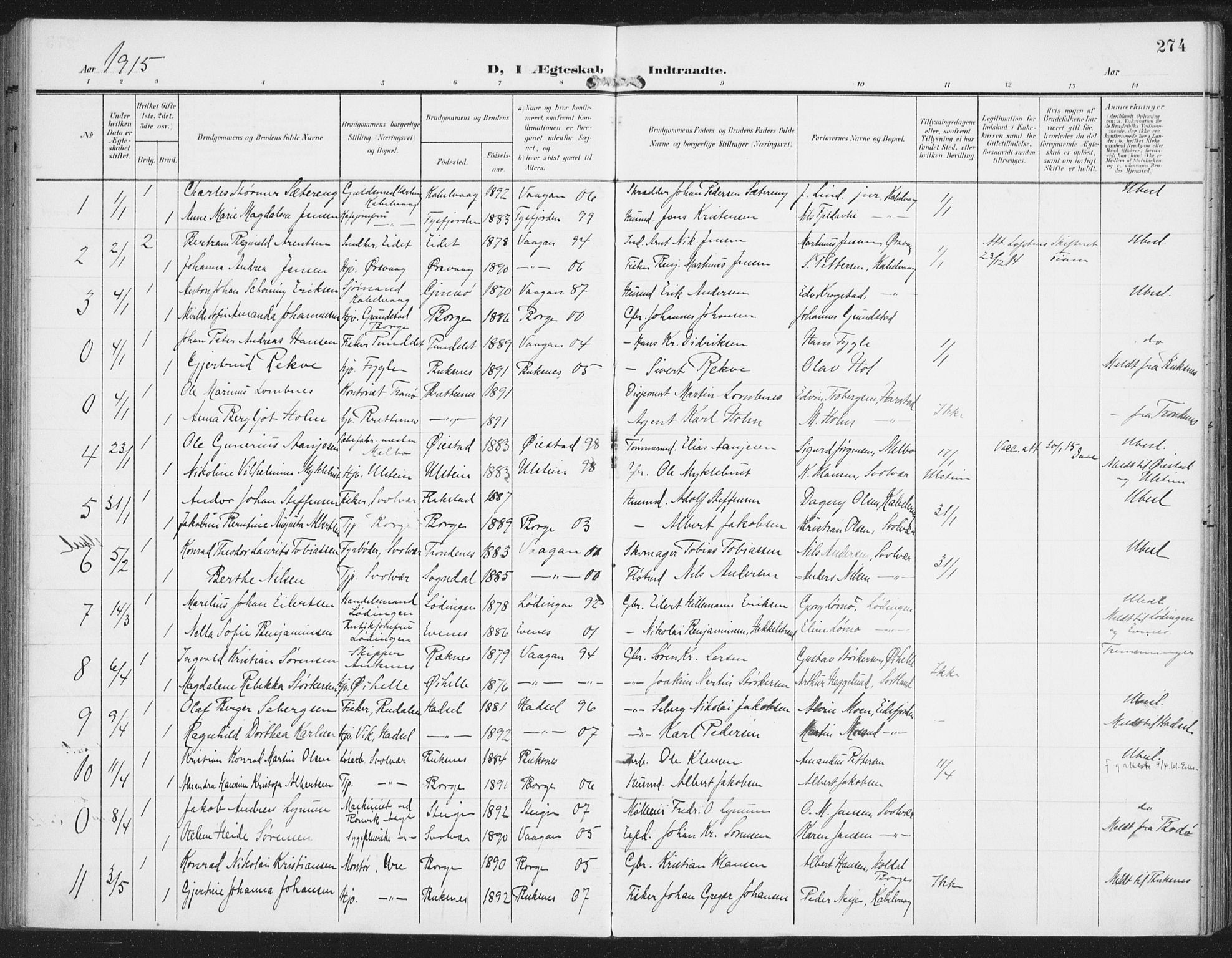 Ministerialprotokoller, klokkerbøker og fødselsregistre - Nordland, SAT/A-1459/874/L1063: Parish register (official) no. 874A07, 1907-1915, p. 274