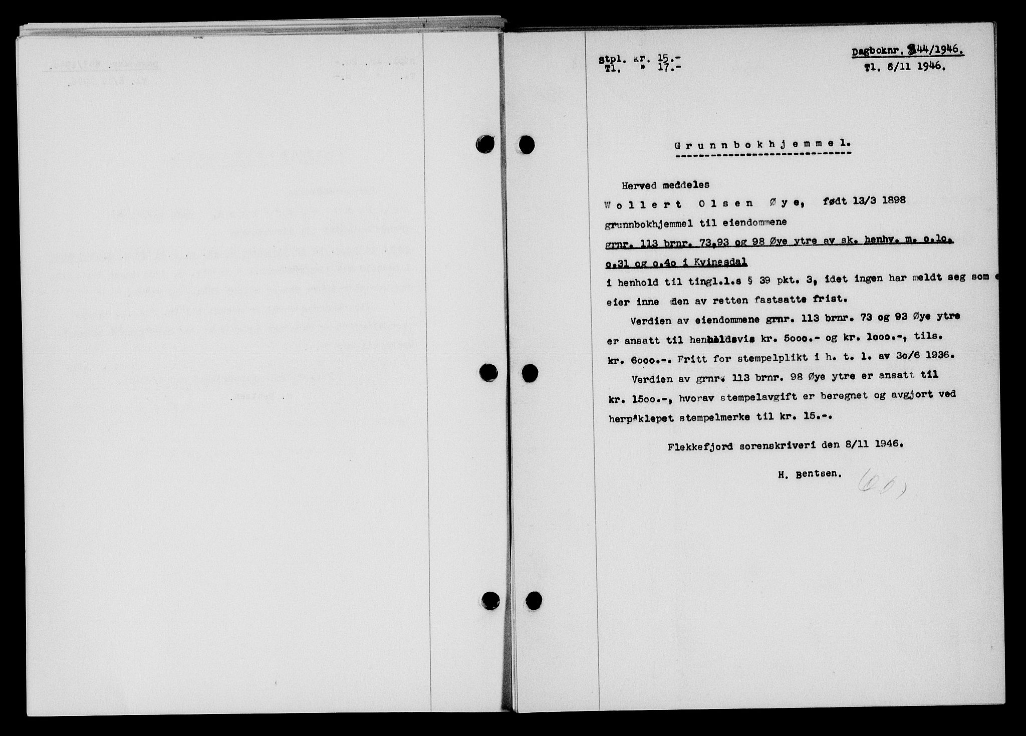 Flekkefjord sorenskriveri, AV/SAK-1221-0001/G/Gb/Gba/L0061: Mortgage book no. A-9, 1946-1947, Diary no: : 844/1946