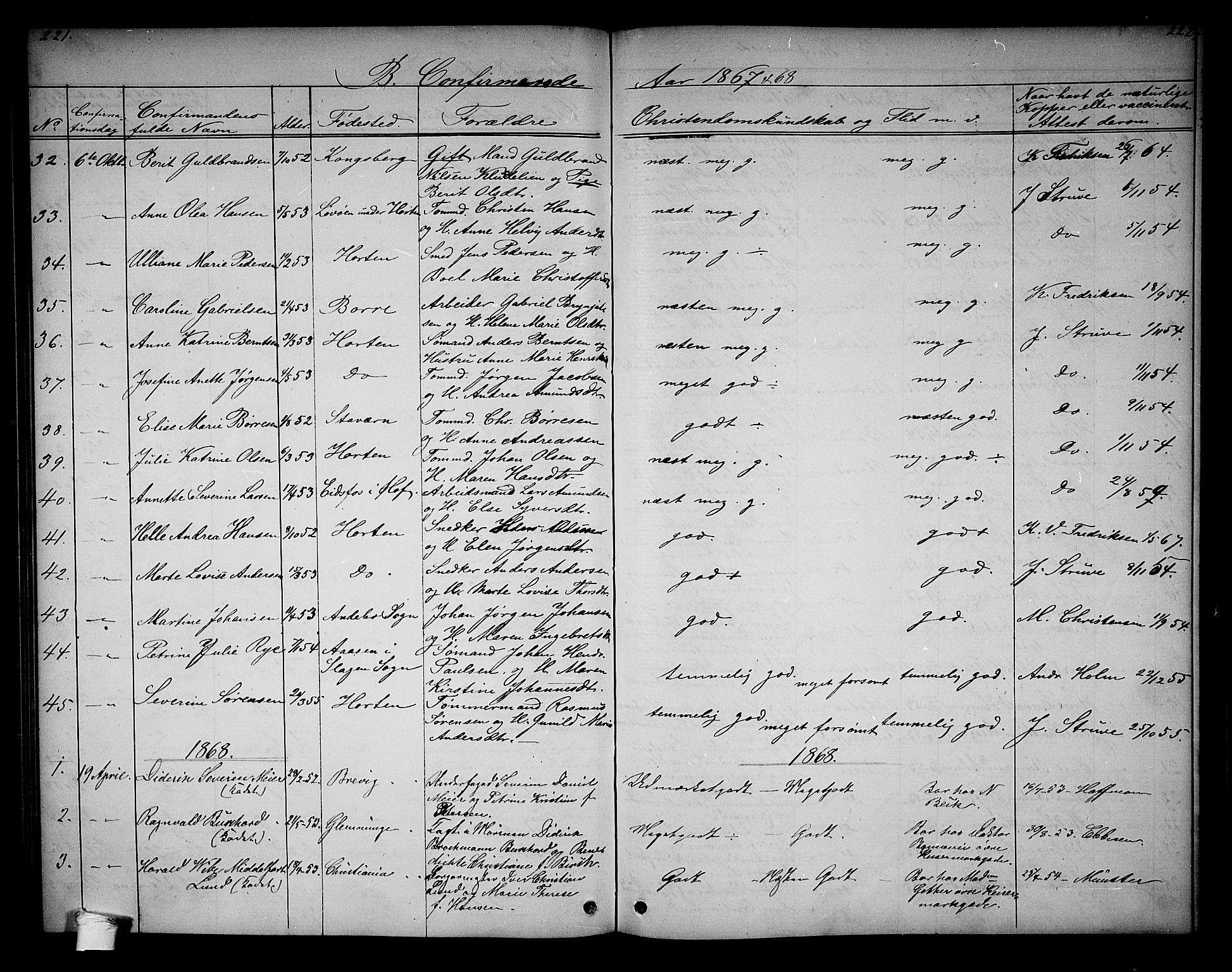 Horten kirkebøker, SAKO/A-348/G/Ga/L0002: Parish register (copy) no. 2, 1864-1871, p. 221-222