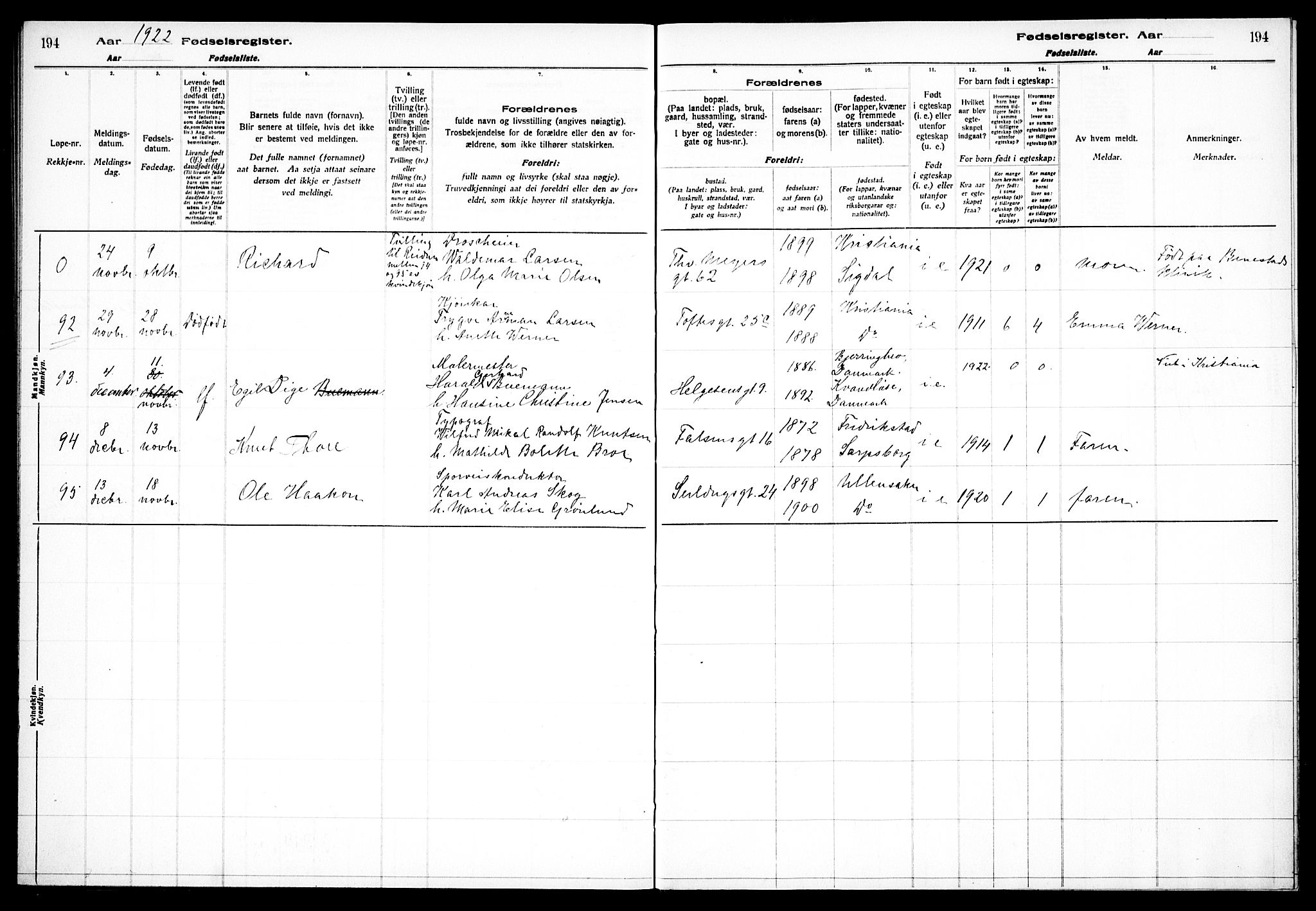 Paulus prestekontor Kirkebøker, AV/SAO-A-10871/J/Ja/L0001: Birth register no. 1, 1916-1923, p. 194