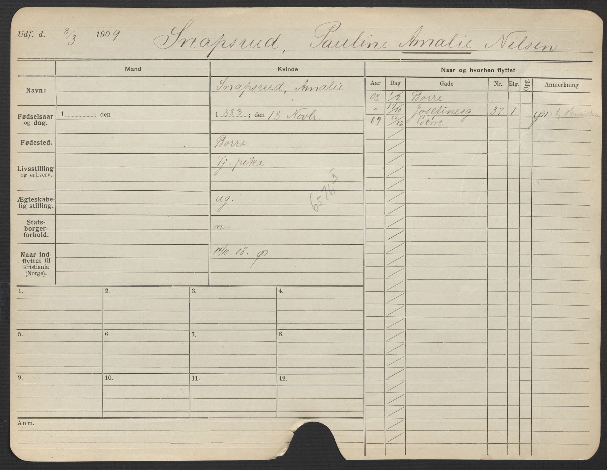 Oslo folkeregister, Registerkort, AV/SAO-A-11715/F/Fa/Fac/L0024: Kvinner, 1906-1914, p. 52a