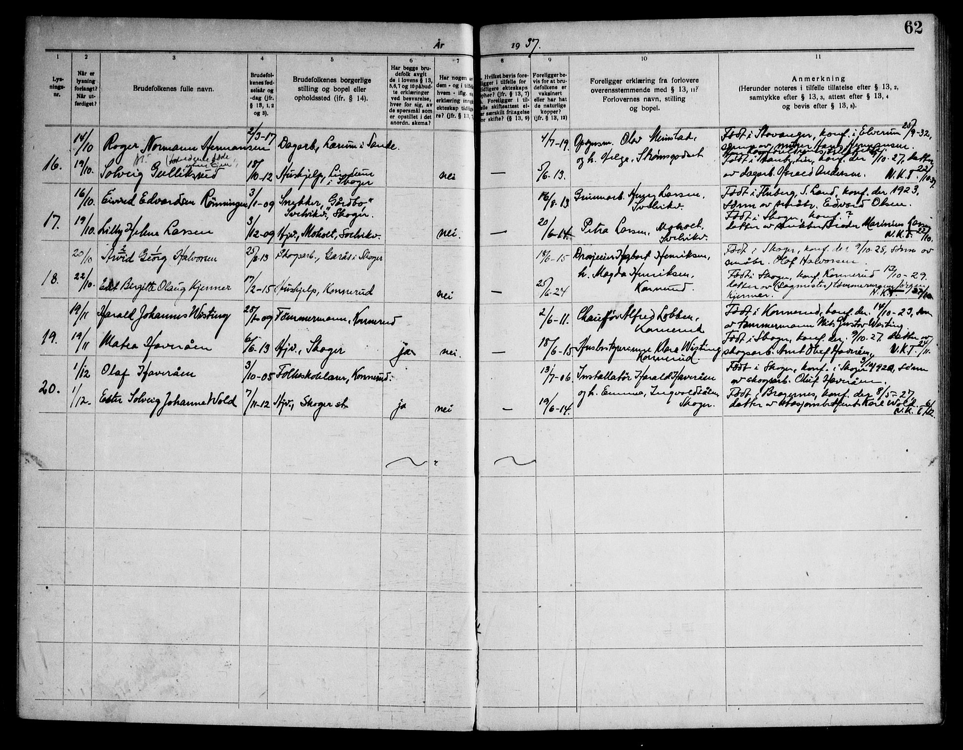 Skoger kirkebøker, SAKO/A-59/H/Ha/L0001: Banns register no. I 1, 1920-1952, p. 62
