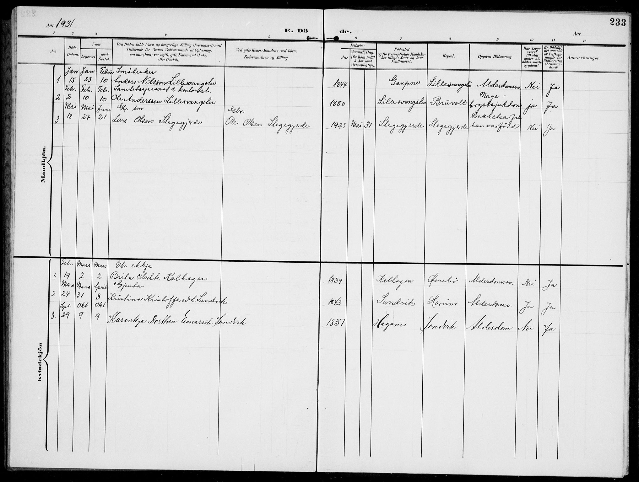 Jostedal sokneprestembete, AV/SAB-A-80601/H/Hab/Habc/L0001: Parish register (copy) no. C 1, 1903-1939, p. 233