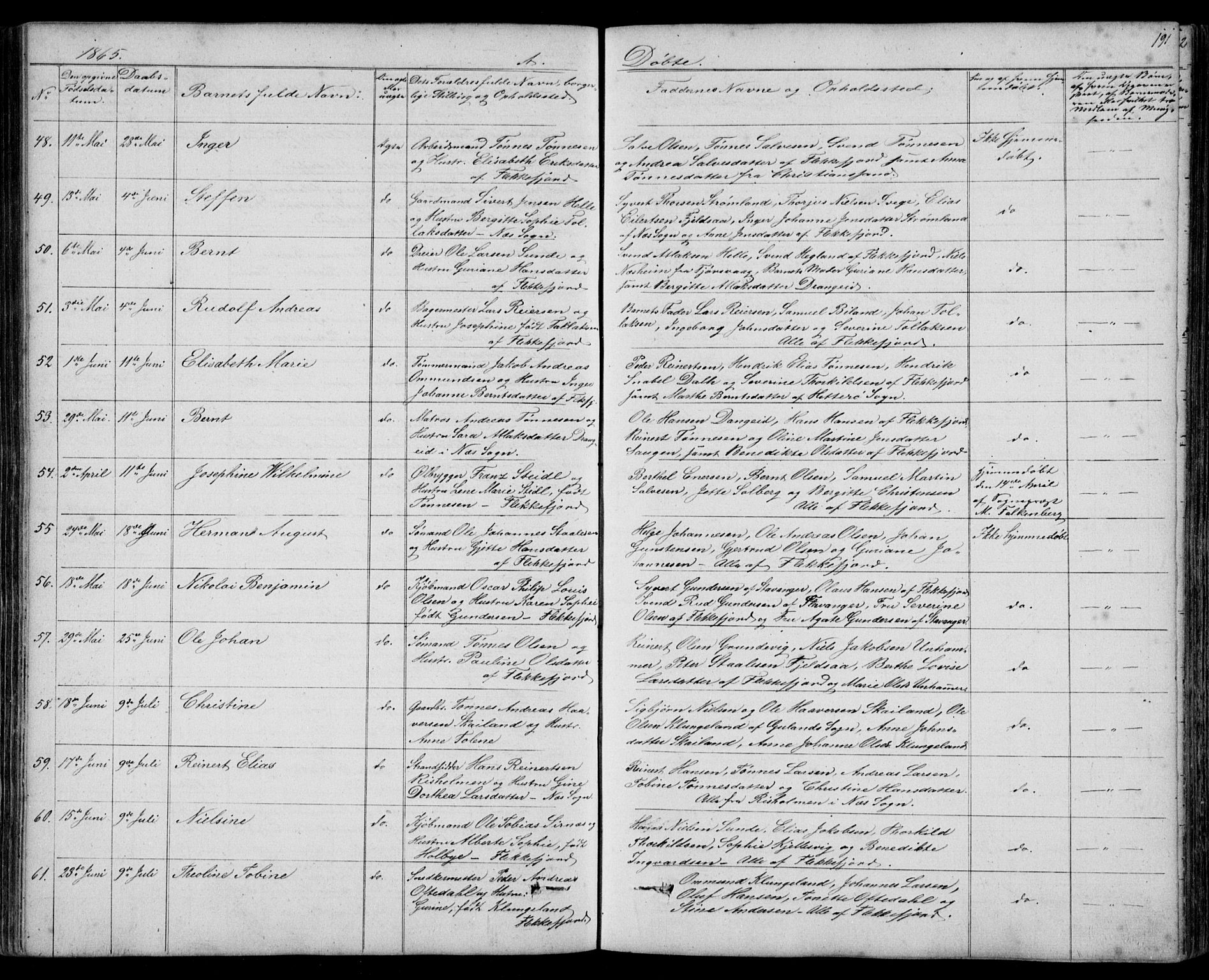 Flekkefjord sokneprestkontor, SAK/1111-0012/F/Fb/Fbc/L0005: Parish register (copy) no. B 5, 1846-1866, p. 191