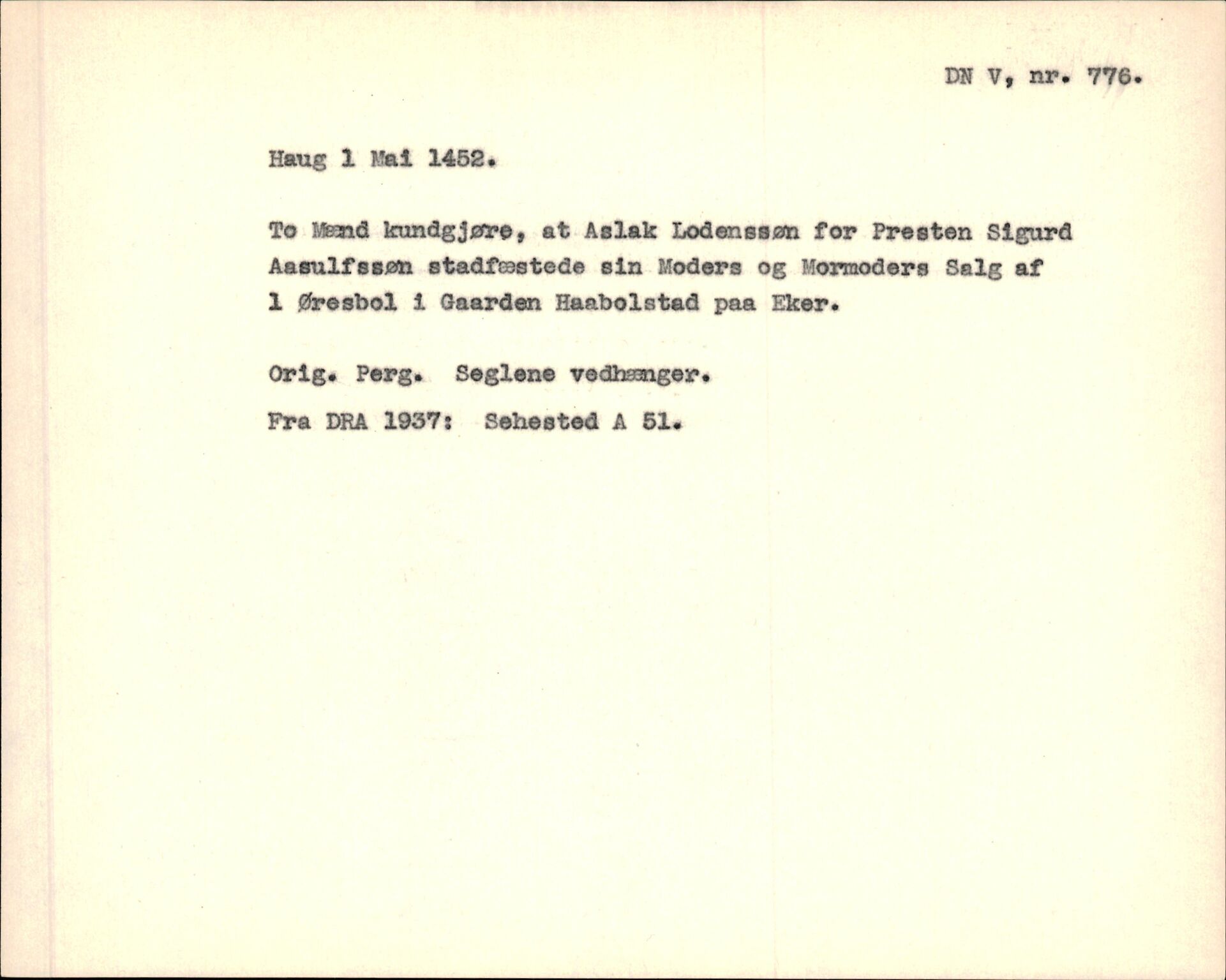 Riksarkivets diplomsamling, AV/RA-EA-5965/F35/F35f/L0001: Regestsedler: Diplomer fra DRA 1937 og 1996, p. 327