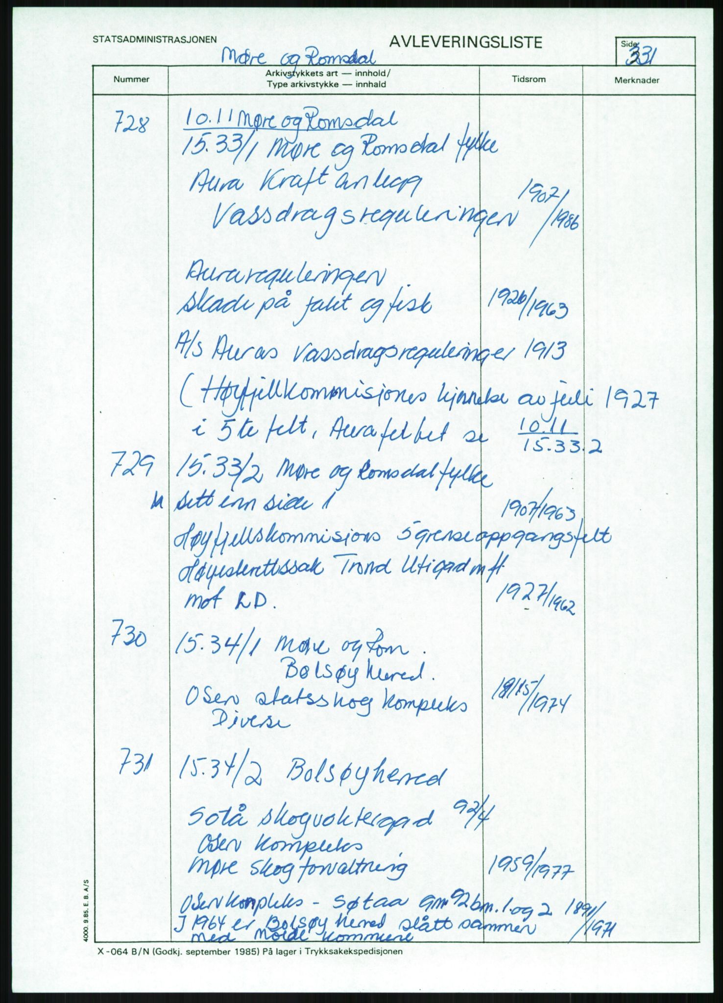 Direktoratet for statens skoger, AV/RA-S-1600/2/E/Eg/L0002: Arkivliste for 10.11-serien. Akershus til Sør-Trøndelag fylke. Mappenr. 1 - 925, 1957-1992, p. 465