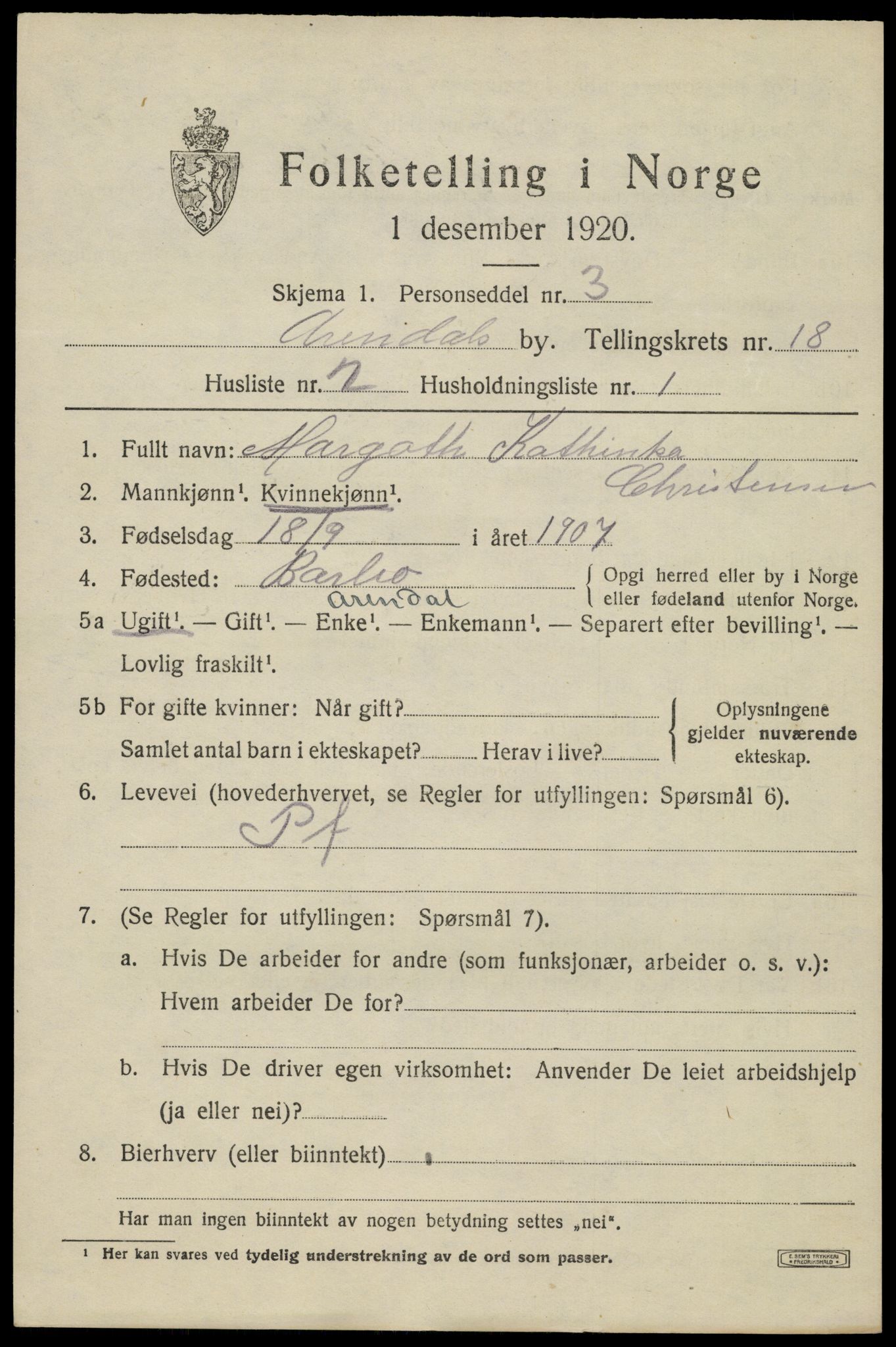 SAK, 1920 census for Arendal, 1920, p. 24952