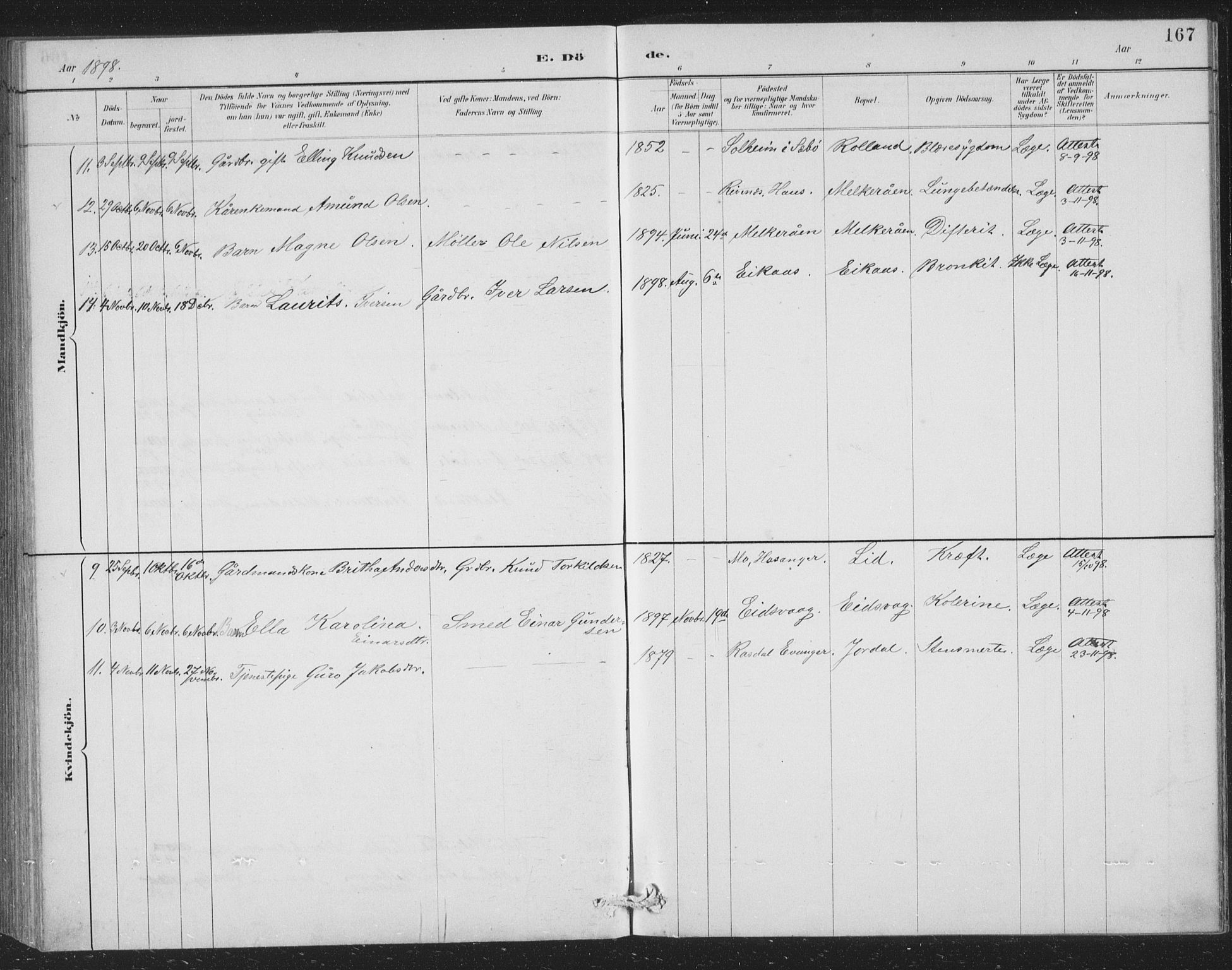 Åsane sokneprestembete, AV/SAB-A-79401/H/Hab: Parish register (copy) no. A 2, 1885-1898, p. 167