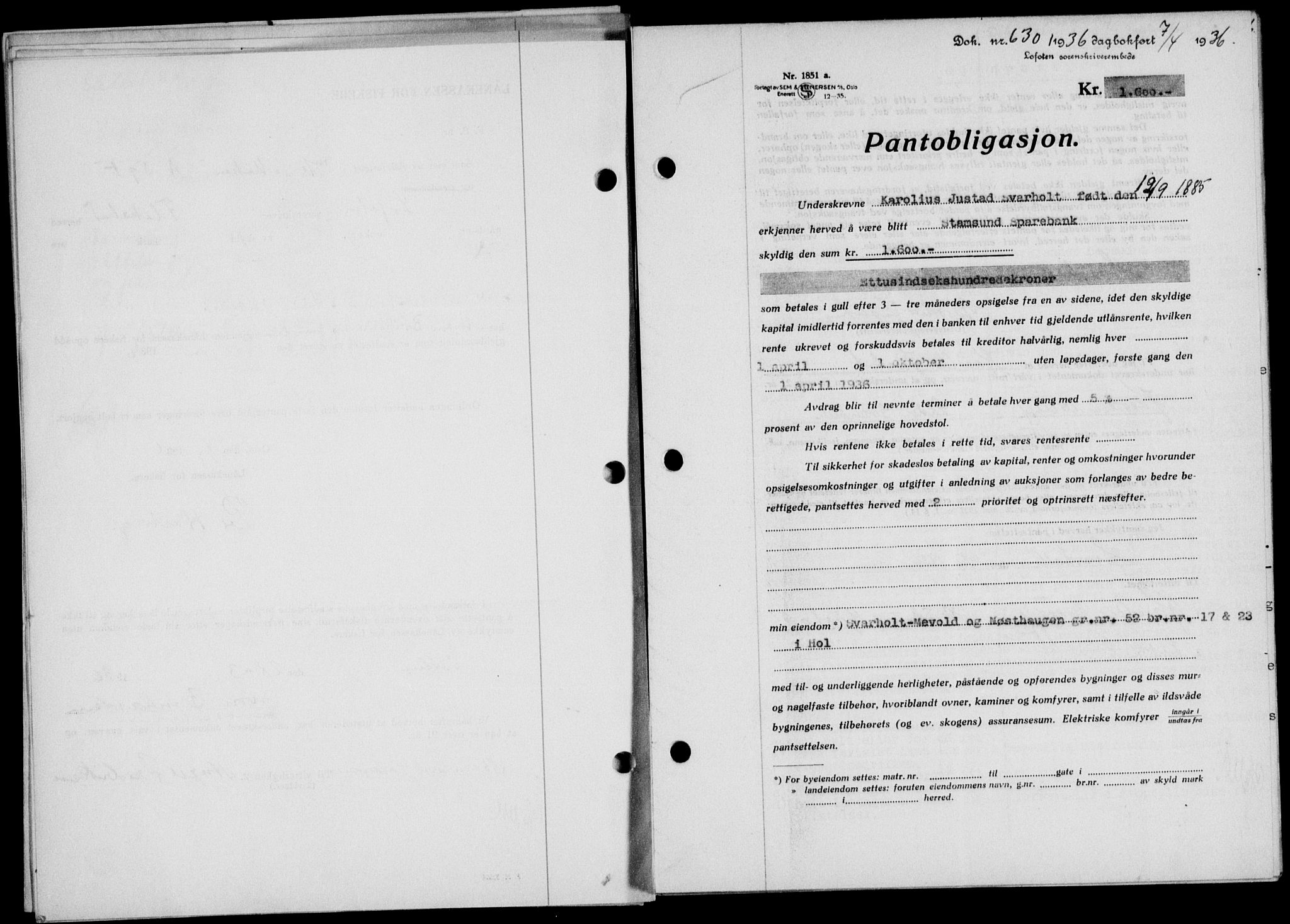Lofoten sorenskriveri, SAT/A-0017/1/2/2C/L0033b: Mortgage book no. 33b, 1936-1936, Diary no: : 630/1936