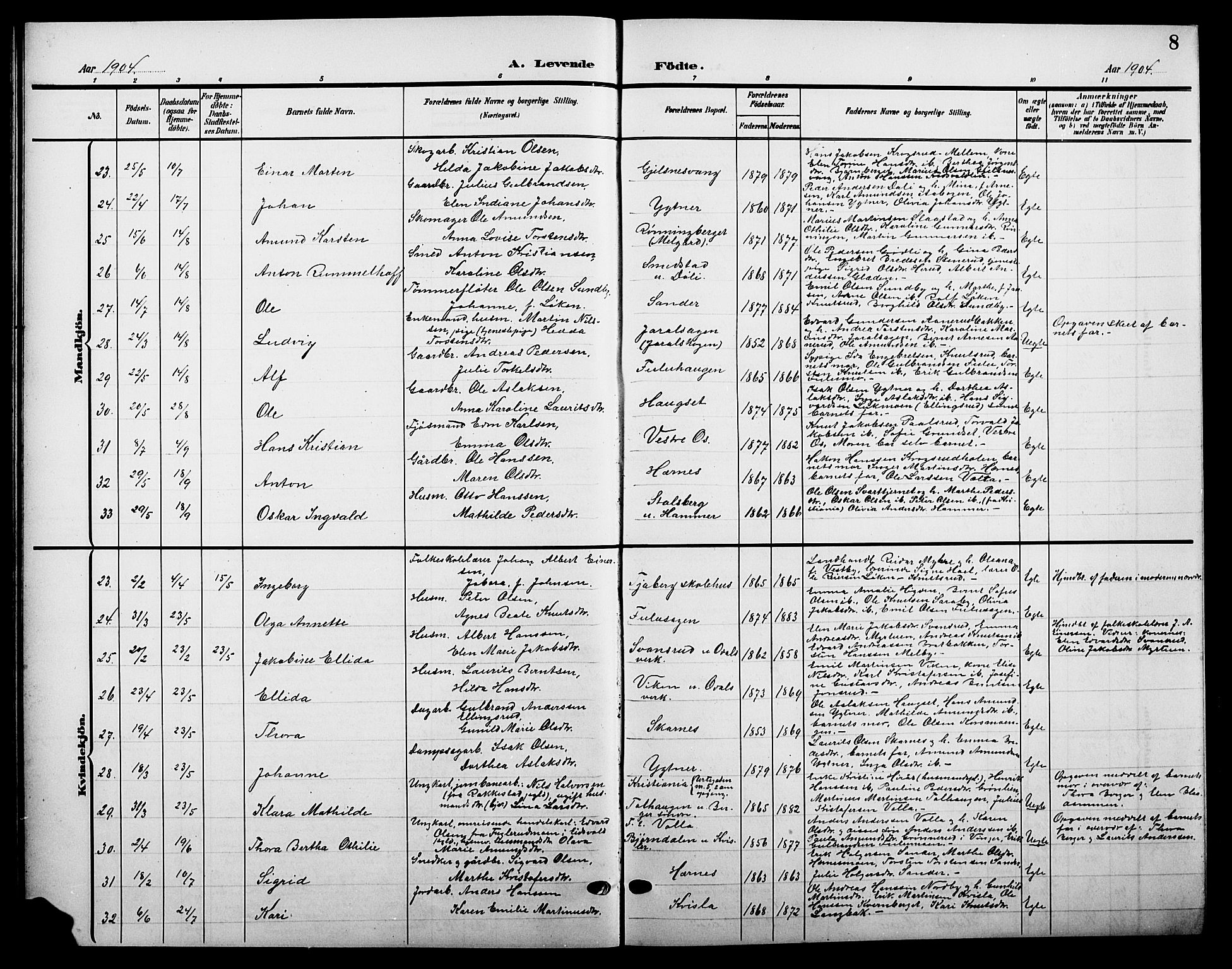 Sør-Odal prestekontor, AV/SAH-PREST-030/H/Ha/Hab/L0005: Parish register (copy) no. 5, 1903-1915, p. 8