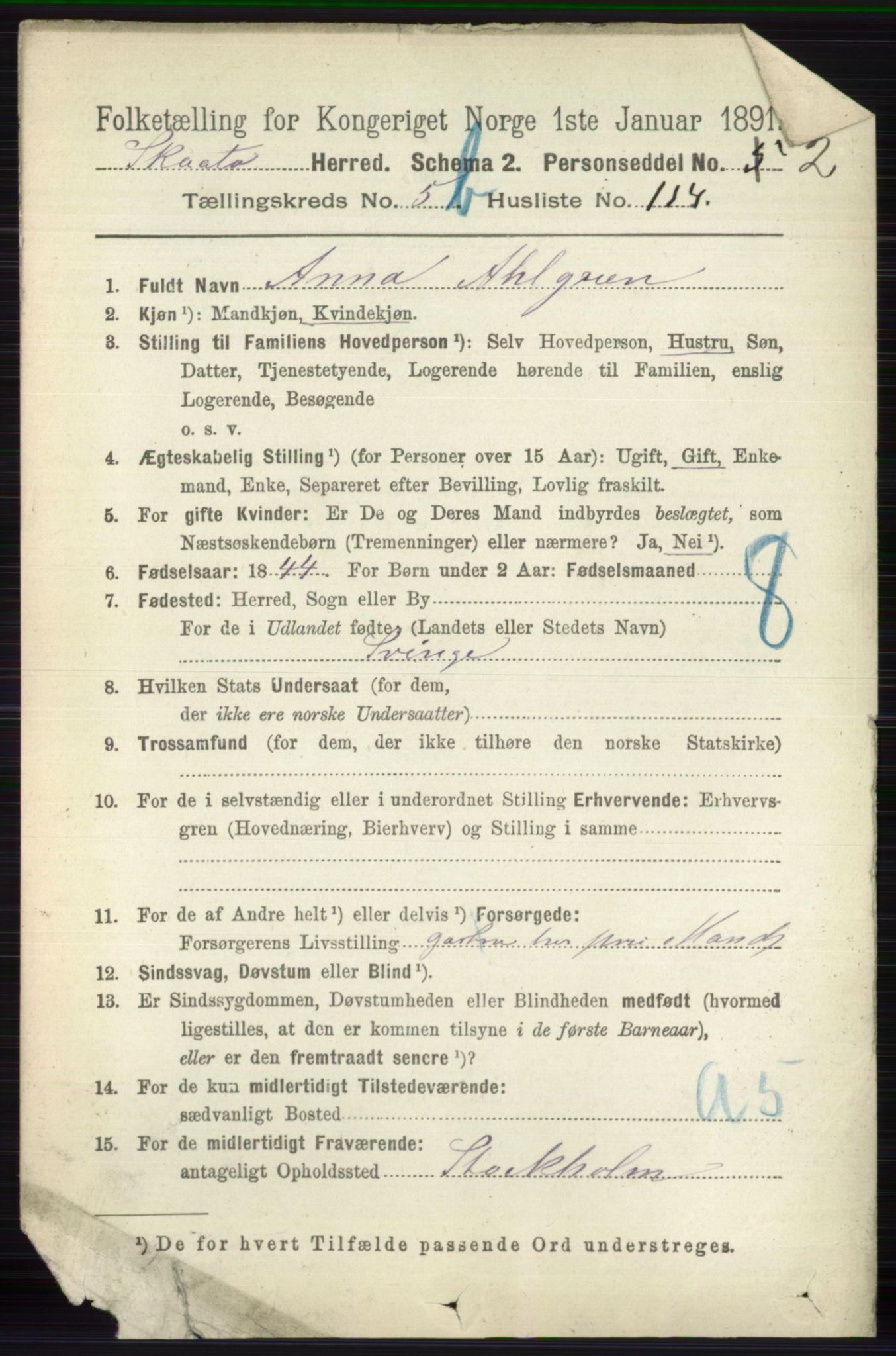 RA, 1891 census for 0815 Skåtøy, 1891, p. 2630