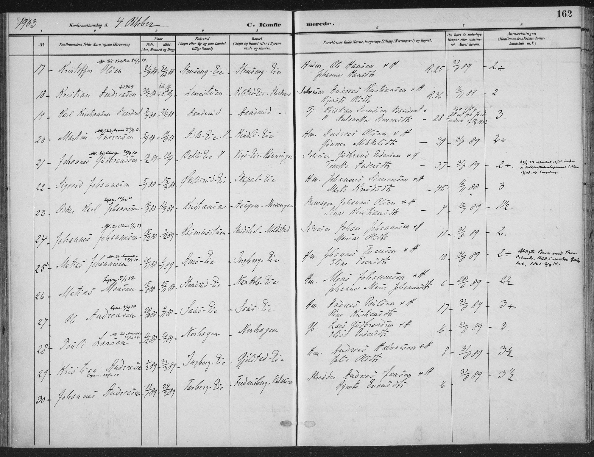 Ringsaker prestekontor, AV/SAH-PREST-014/K/Ka/L0018: Parish register (official) no. 18, 1903-1912, p. 162