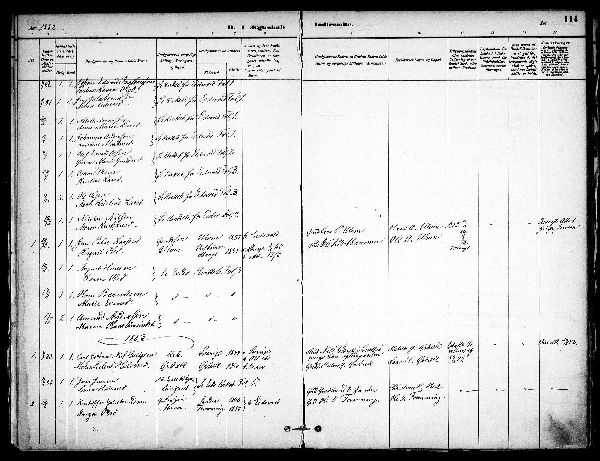 Eidsvoll prestekontor Kirkebøker, SAO/A-10888/F/Fb/L0001: Parish register (official) no. II 1, 1882-1897, p. 114