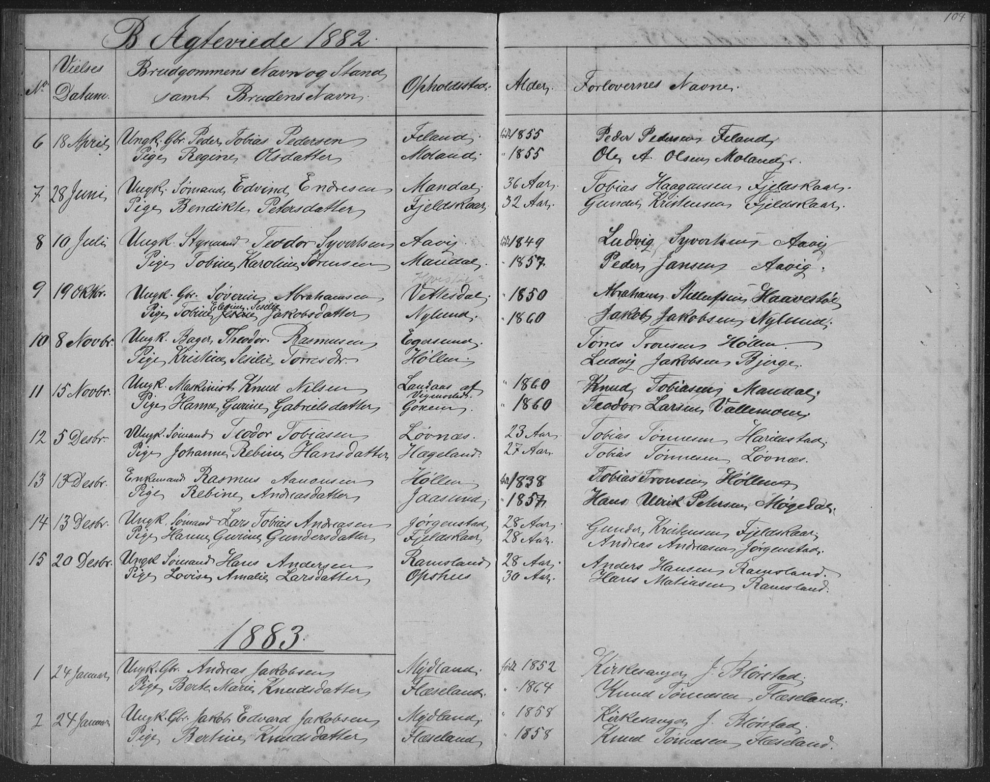 Sør-Audnedal sokneprestkontor, SAK/1111-0039/F/Fb/Fba/L0003: Parish register (copy) no. B 3, 1879-1893, p. 104