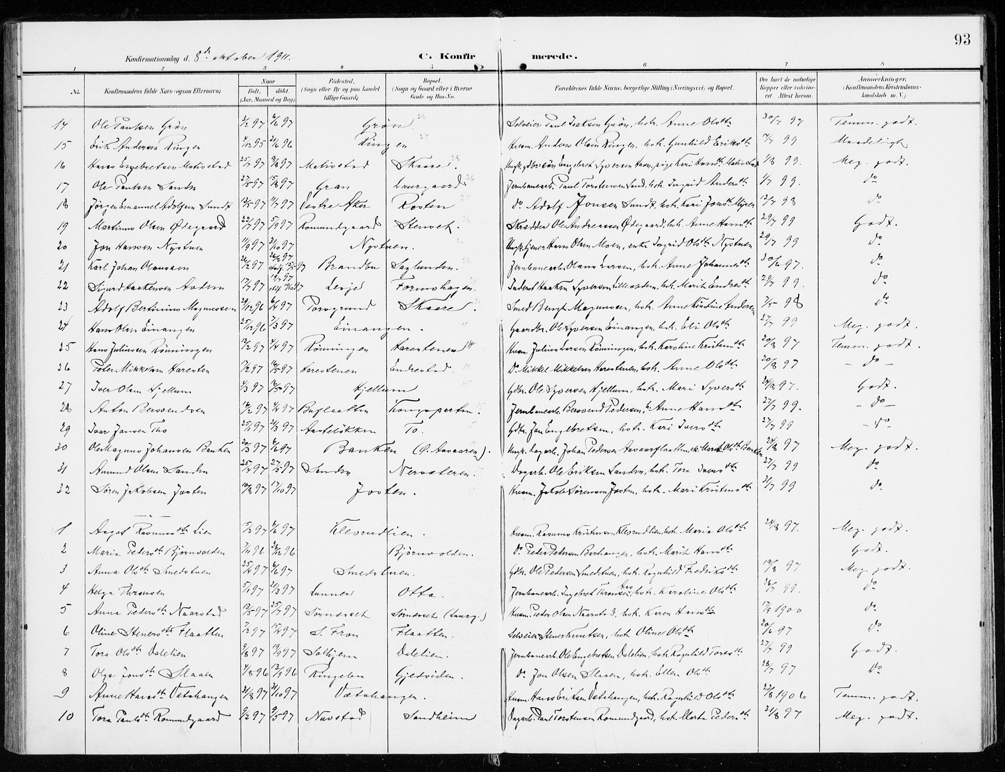 Sel prestekontor, SAH/PREST-074/H/Ha/Haa/L0002: Parish register (official) no. 2, 1905-1919, p. 93