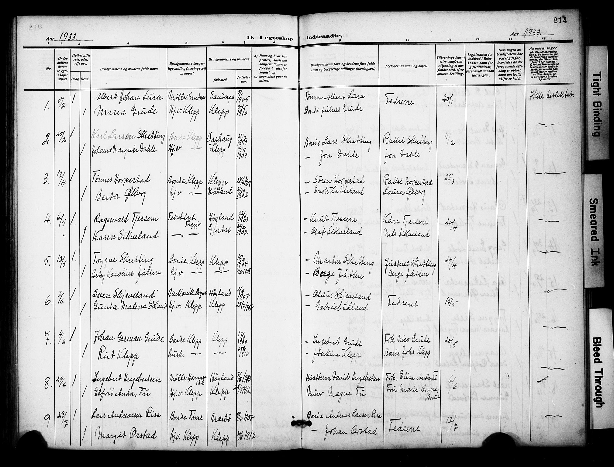 Klepp sokneprestkontor, SAST/A-101803/001/3/30BB/L0007: Parish register (copy) no. B 7, 1908-1934, p. 214