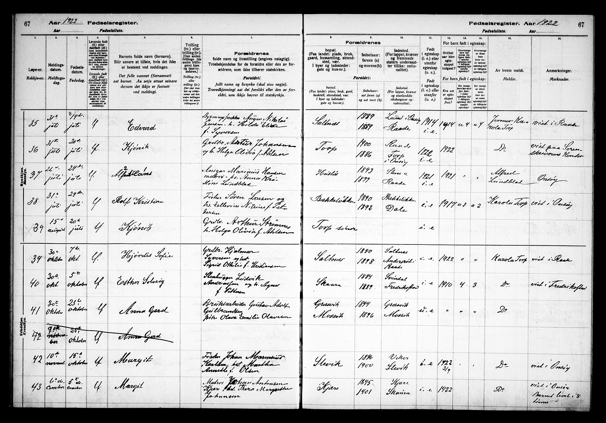 Onsøy prestekontor Kirkebøker, AV/SAO-A-10914/J/Ja/L0001: Birth register no. I 1, 1916-1937, p. 67