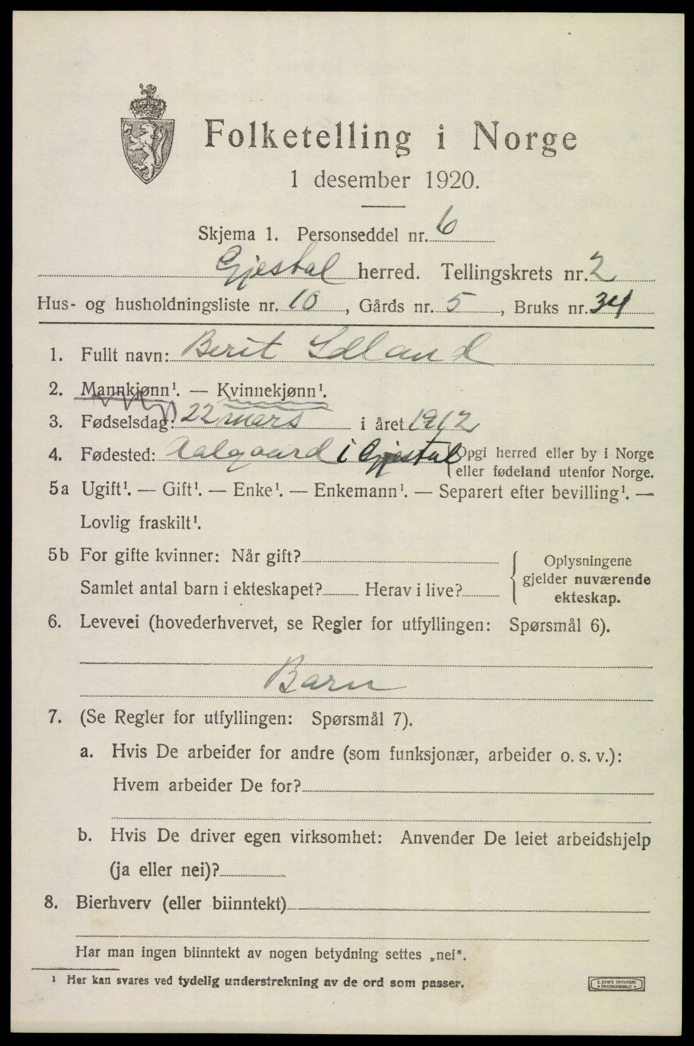 SAST, 1920 census for Gjesdal, 1920, p. 1576