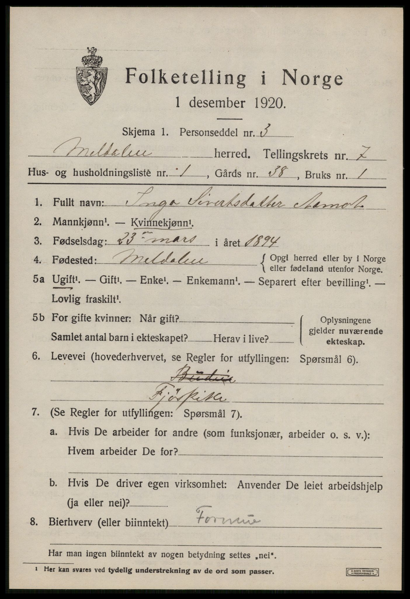 SAT, 1920 census for Meldal, 1920, p. 7289