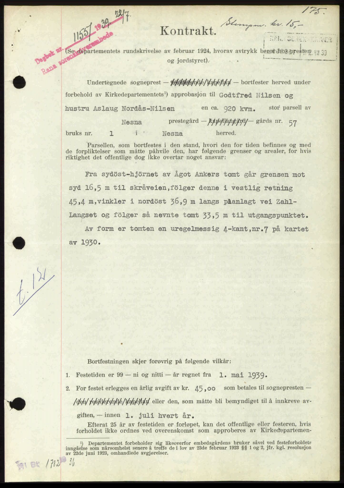 Rana sorenskriveri , SAT/A-1108/1/2/2C: Mortgage book no. A 6, 1939-1940, Diary no: : 1155/1939