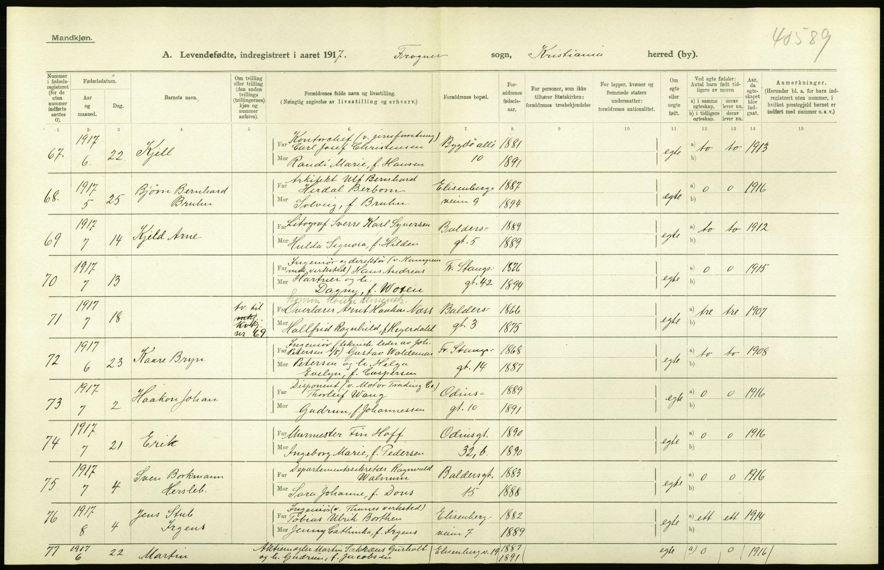 Statistisk sentralbyrå, Sosiodemografiske emner, Befolkning, AV/RA-S-2228/D/Df/Dfb/Dfbg/L0007: Kristiania: Levendefødte menn og kvinner., 1917, p. 240