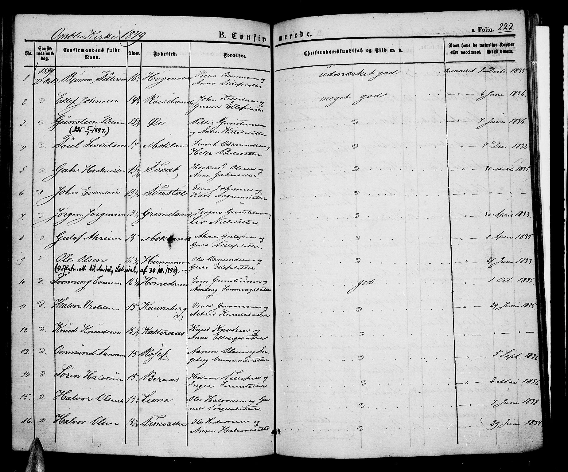 Åmli sokneprestkontor, AV/SAK-1111-0050/F/Fa/Fac/L0007: Parish register (official) no. A 7 /1, 1829-1851, p. 222