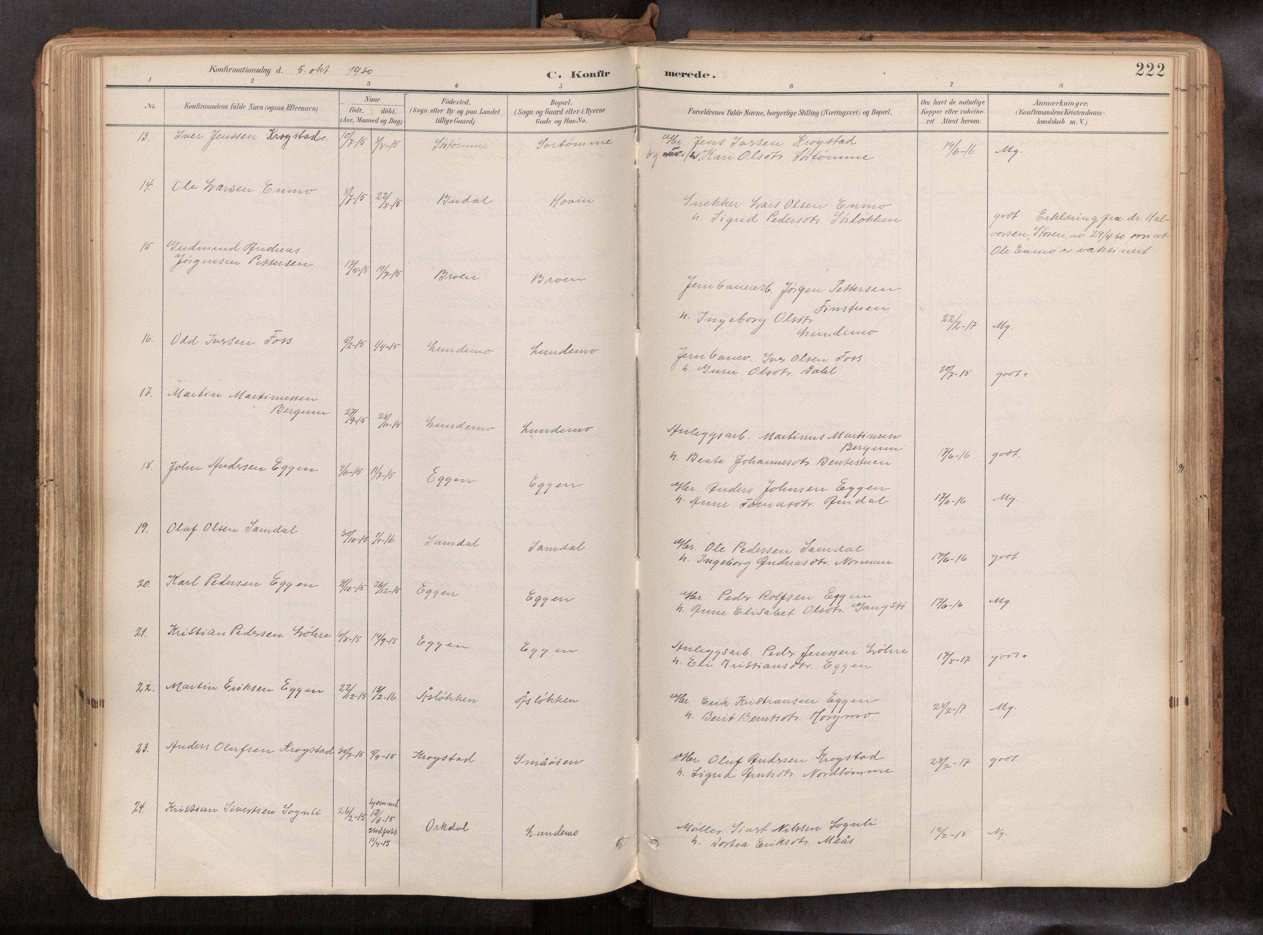 Ministerialprotokoller, klokkerbøker og fødselsregistre - Sør-Trøndelag, SAT/A-1456/692/L1105b: Parish register (official) no. 692A06, 1891-1934, p. 222