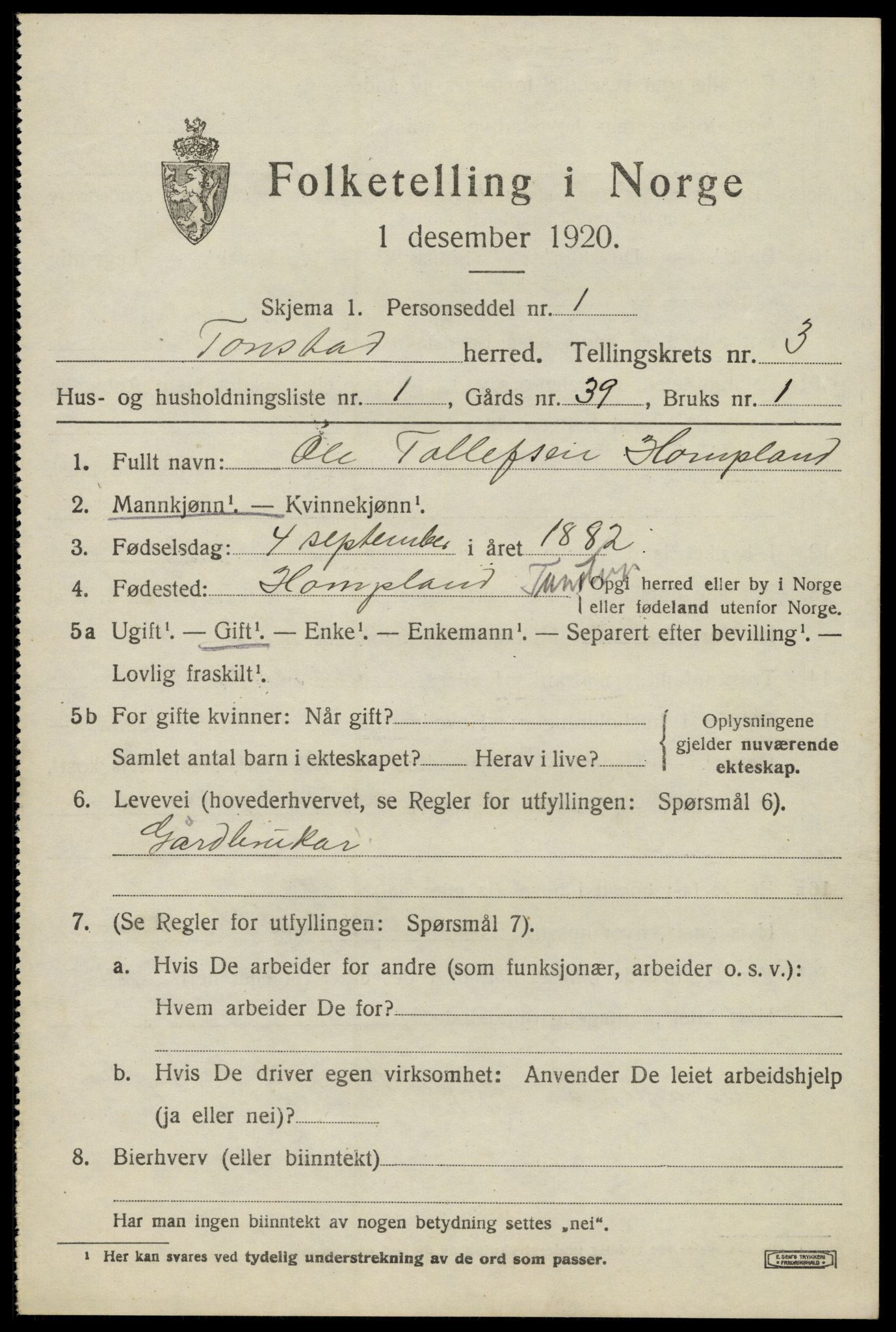 SAK, 1920 census for Tonstad, 1920, p. 992