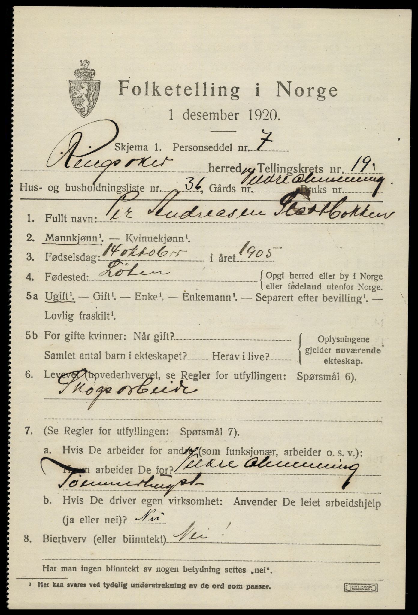 SAH, 1920 census for Ringsaker, 1920, p. 26984