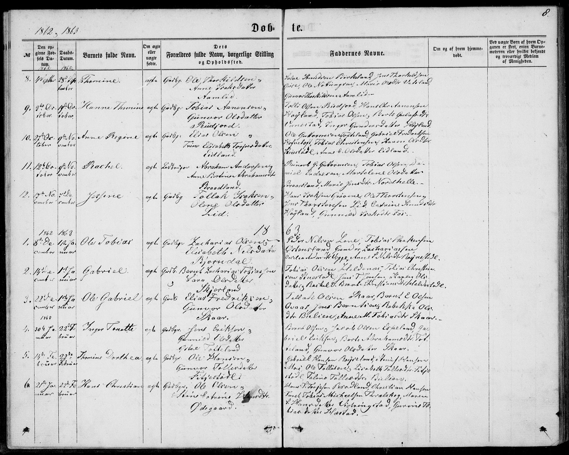 Lyngdal sokneprestkontor, SAK/1111-0029/F/Fa/Fab/L0002: Parish register (official) no. A 2, 1861-1878, p. 8